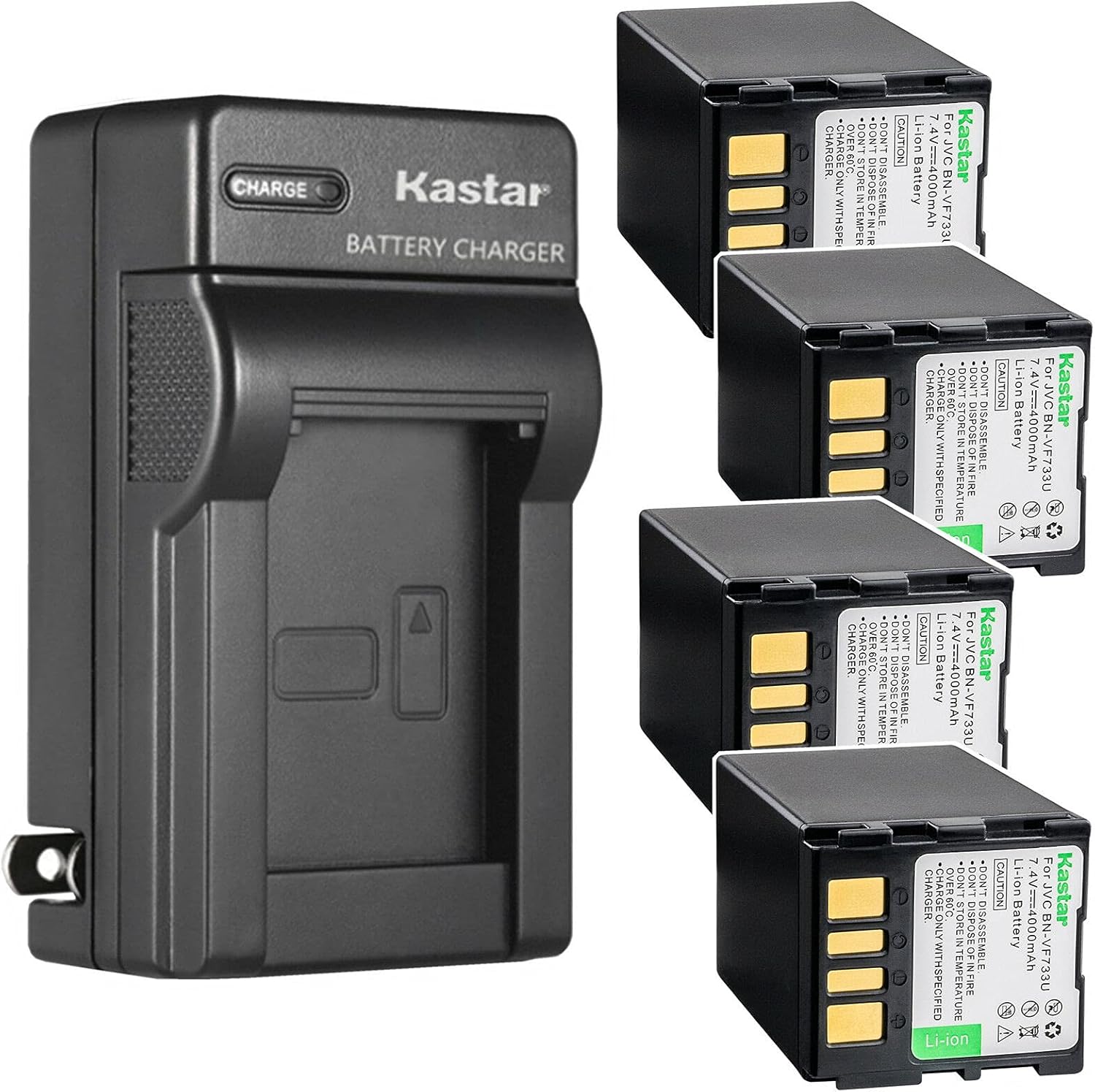Kastar 4-Pack Battery and AC Wall Charger Replacement for JVC GZ-MG37EX GZ-MG37EY GZ-MG37EZ GZ-MG37U GZ-MG37US GZ-MG39 GZ-MG39AA GZ-MG39E GZ-MG39EK GZ-MG39EX GZ-MG39U GZ-MG39UC GZ-MG40 GZ-MG40AA