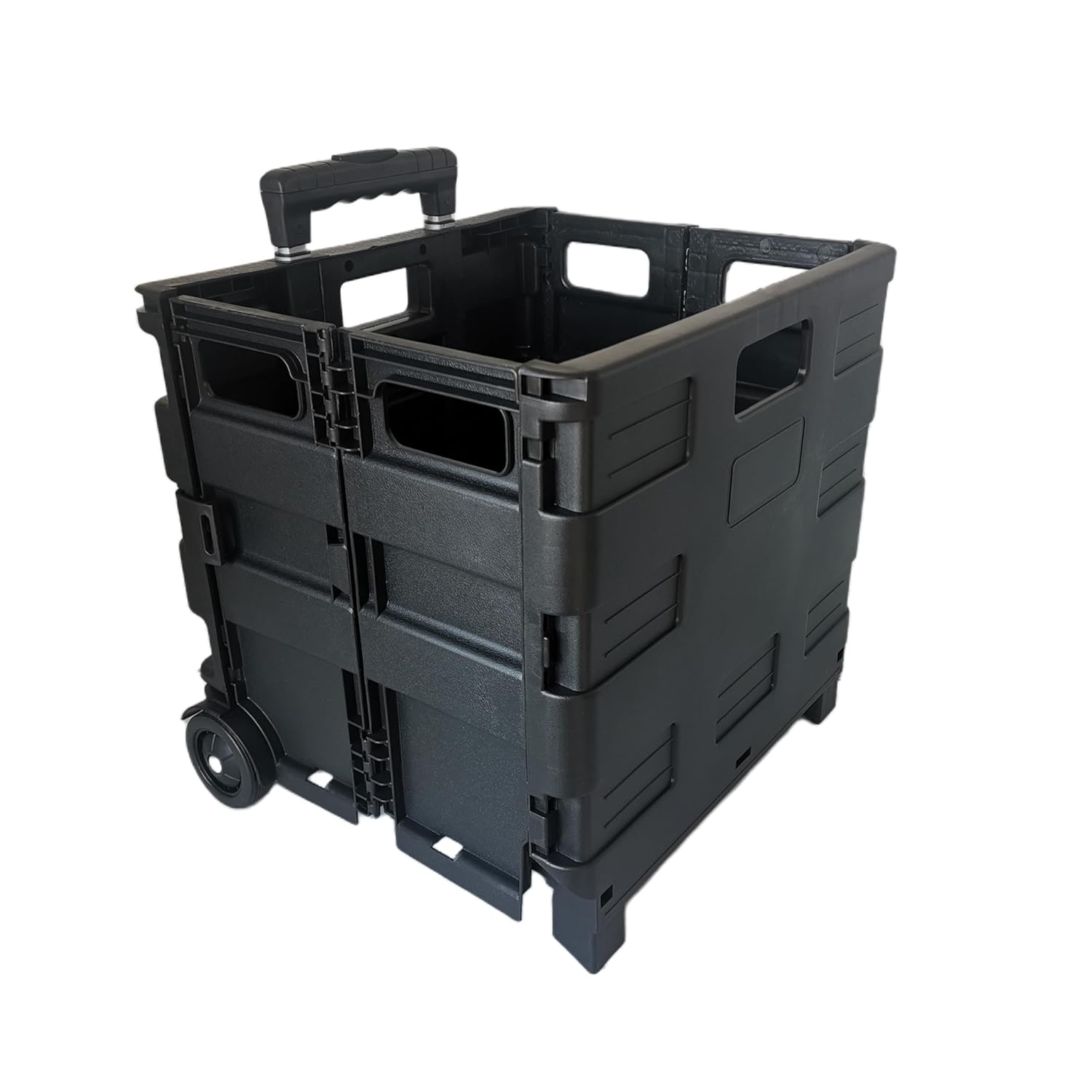 SECO Foldable Rolling Crate Trolley - Heavy-Duty 77LB Plastic Cart with Square Handle for Groceries, Travel & Office Use - Black