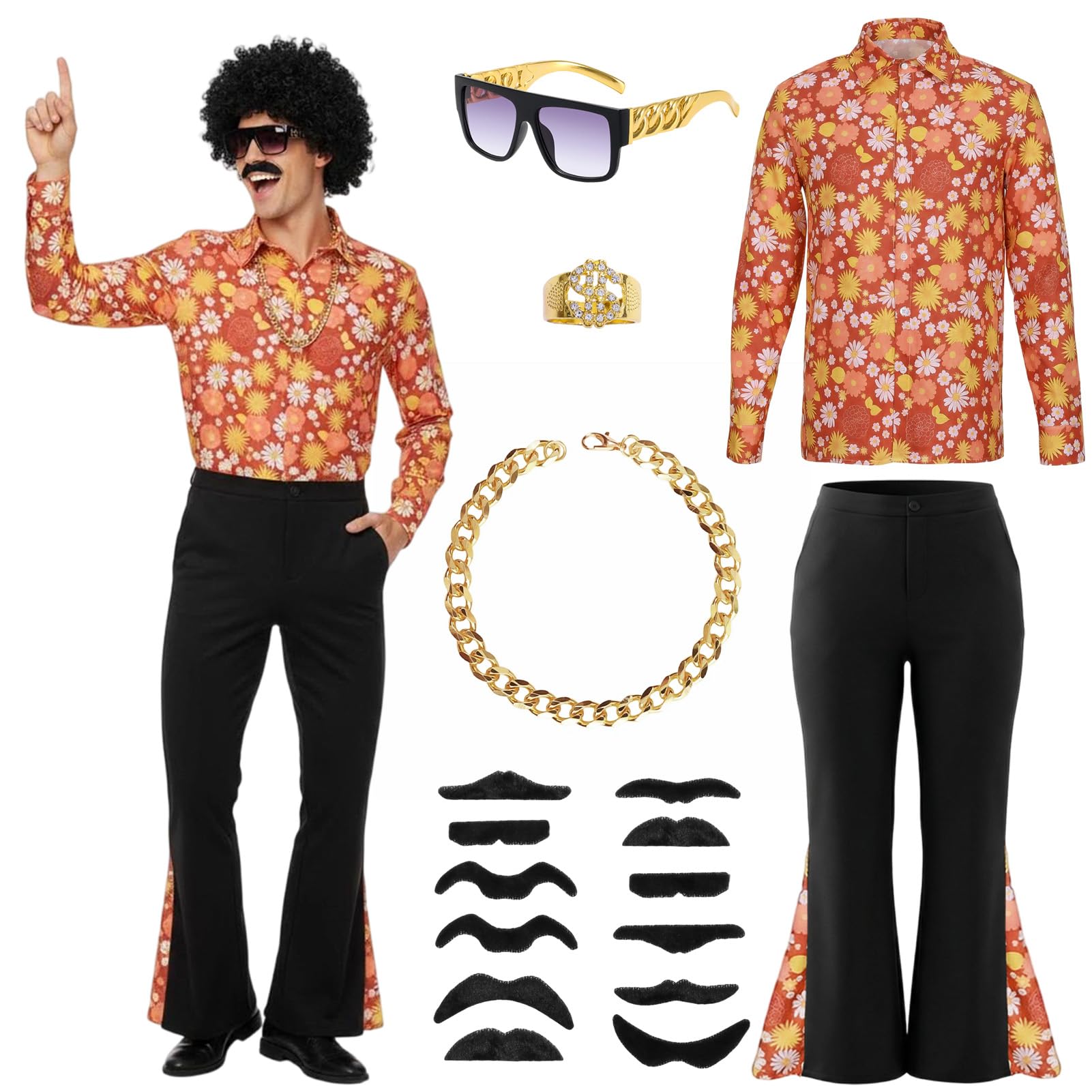 Aleshime Men's 70s Disco Hippie Costume Set, 60s 70s Retro Fancy Dress Outfit with Printed Shirt, Flare Pants, Gold Chain, Sunglasses & Mustache for Halloween Disco Party Carnival