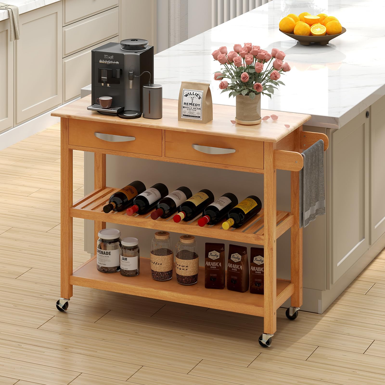 COSTWAY Isla de Cocina con Almacenamiento, Carrito Auxiliar de 3 Niveles con 4 Ruedas, con Encimera de Madera, 2 Cajones, 2 Estantes Abiertos y Asa Lateral, Carro de Servicio para Comedor (Natural)