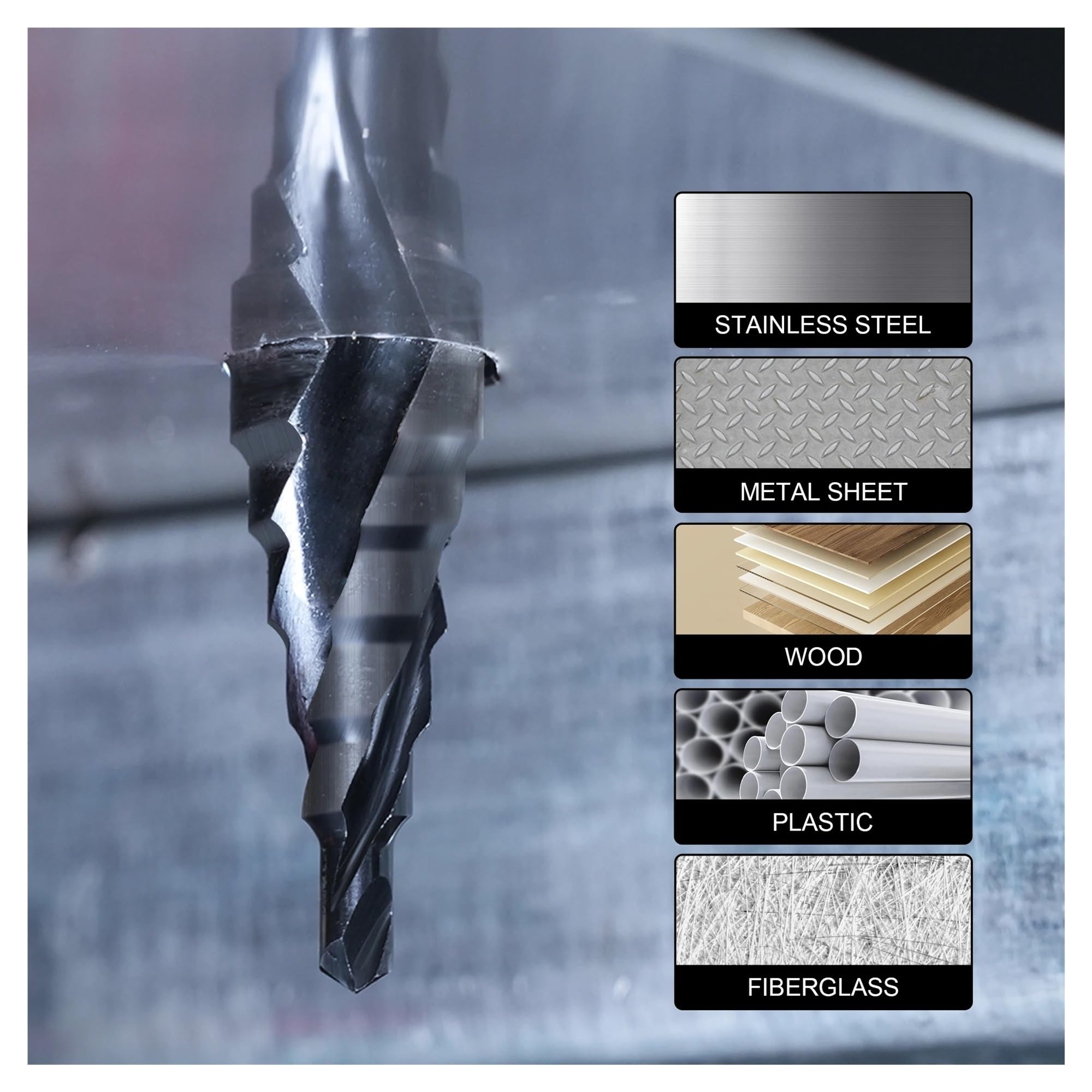 Juego de brocas escalonadas for metal | Métrico 4–32 mm, Unibit de flauta espiral, 3 piezas, revestimiento de AlTiN for acero inoxidable