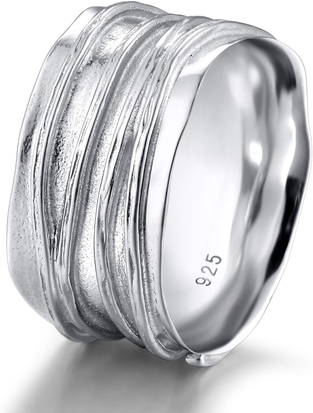 10mm Wide Band Ring 925 Sterling Silver Ripple Thumb Ring for Men Women Size 5-12