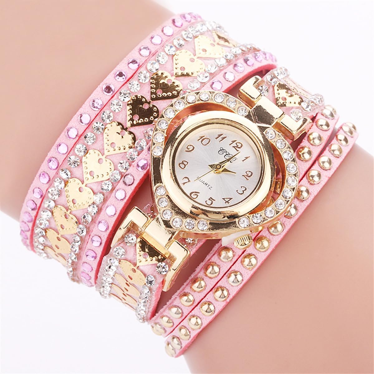 CdyBox Women Fashion Watch Inlay Rhinestone Quartz Watches Heart Shape Dial Bracelet Winding Wrap Wristwatches 10 Pack - Image 8