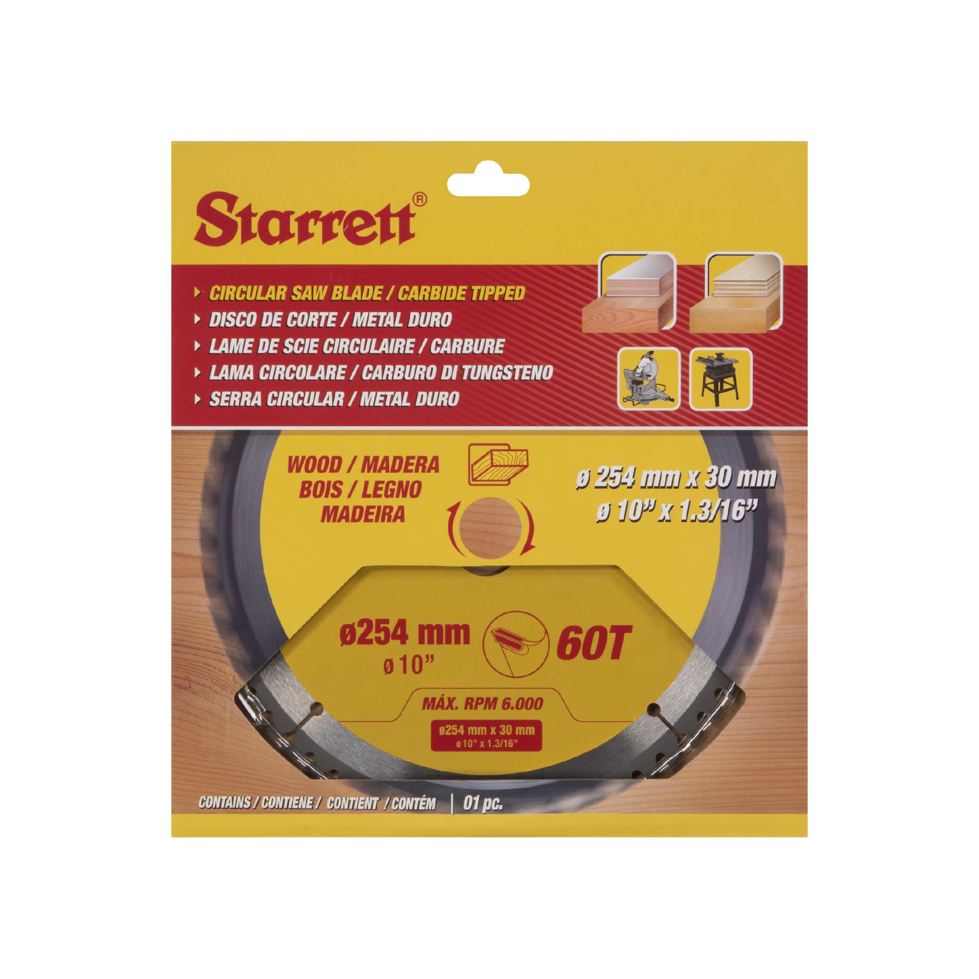 Starrett Lame de scie circulaire TCT 254 mm pour bois, 60 dents, alésage 16/19/25/30 mm