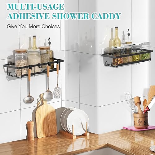 Miniatura 3 de Mycuppca Organizador de ducha, paquete de 2 organizadores adhesivos de ducha de baño, estantes de ducha negros con ganchos, estante de ducha de
