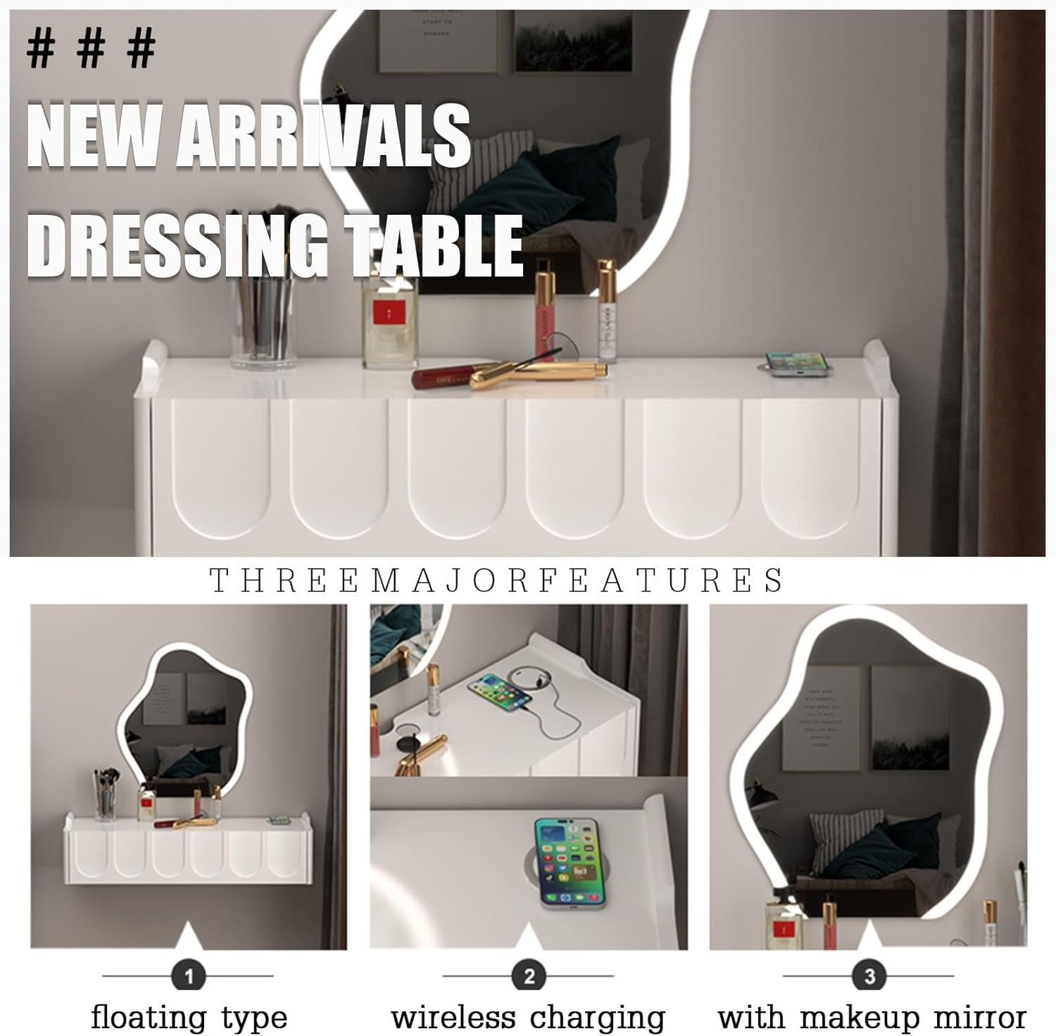 Floating Makeup Vanity Table with Drawers, Wall-Mounted Dressing Desk, Simple Corner Floating Desk for Small Spaces, Modern White 60cm Makeup Station