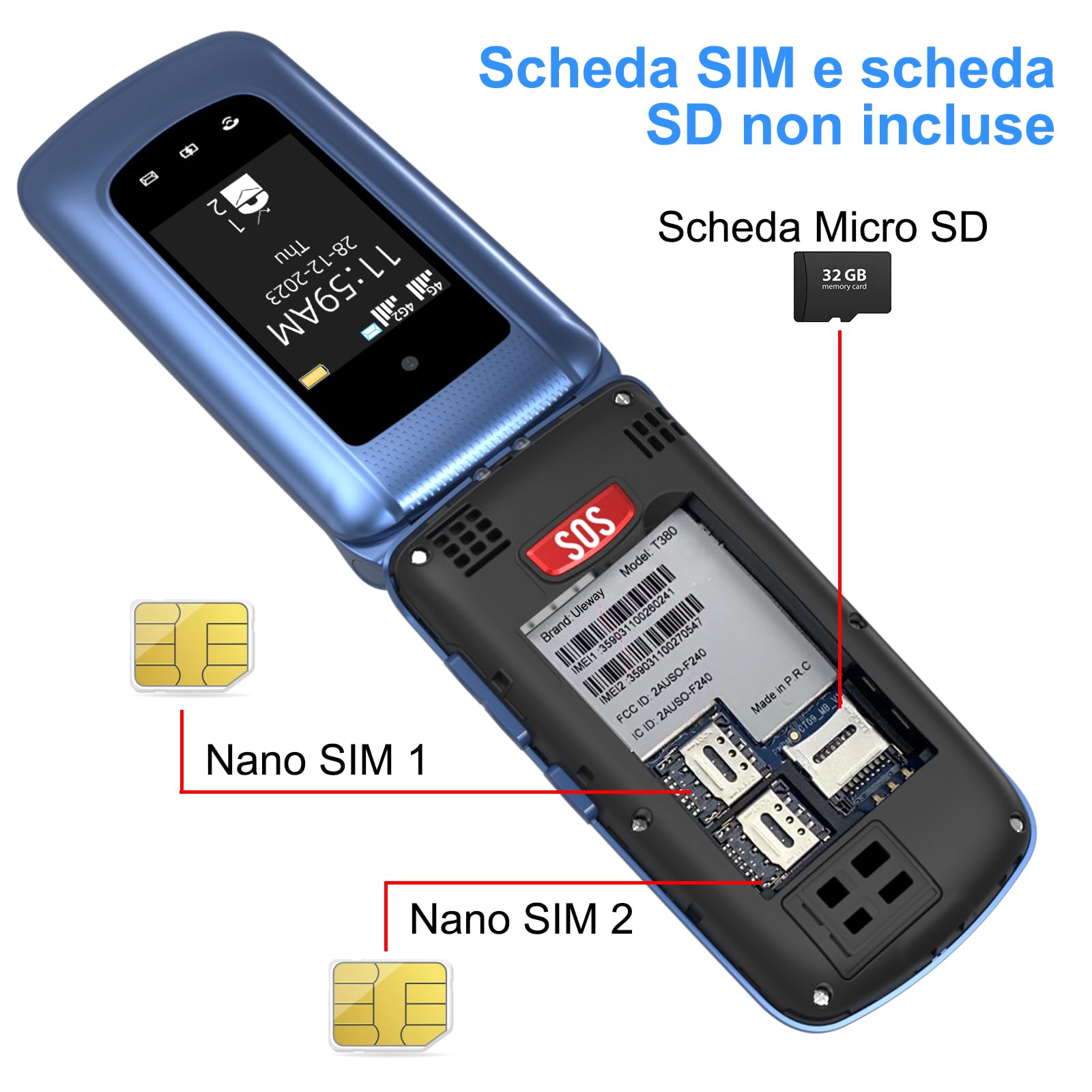 CHAKEYAKE 4G Telefono Cellulare per Anziani,Dual SIM, Flip Telefoni Cellulari con Tasti Grandi, Funzione SOS, Volume alto, 2.4"+1.77" Doppio Display, Torcia, Base (Blu)