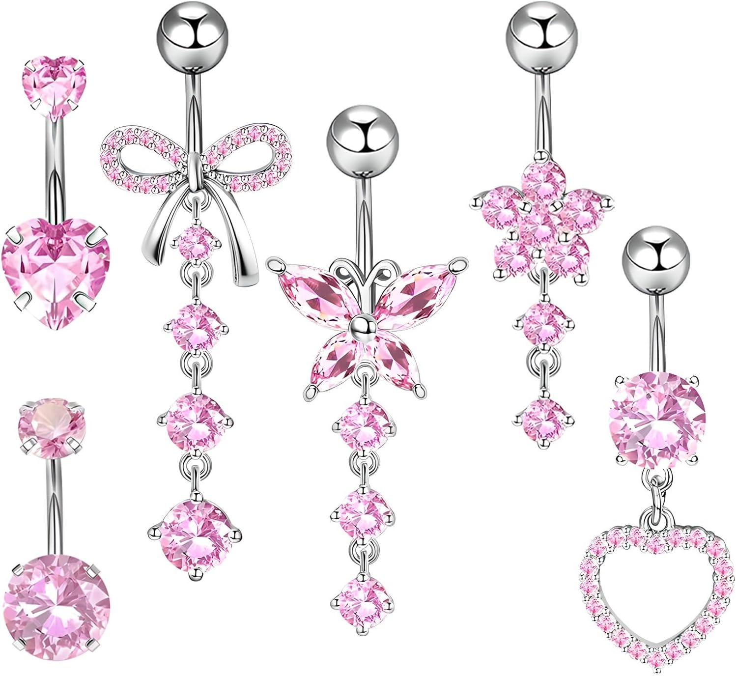 Belly Button Ring Dangle, 14G Stainless Steel Belly Button Ring Set, Navel Piercing Jewelry Pink Bow Heart-Shaped Flower Butterfly Diamond, Women Accessories