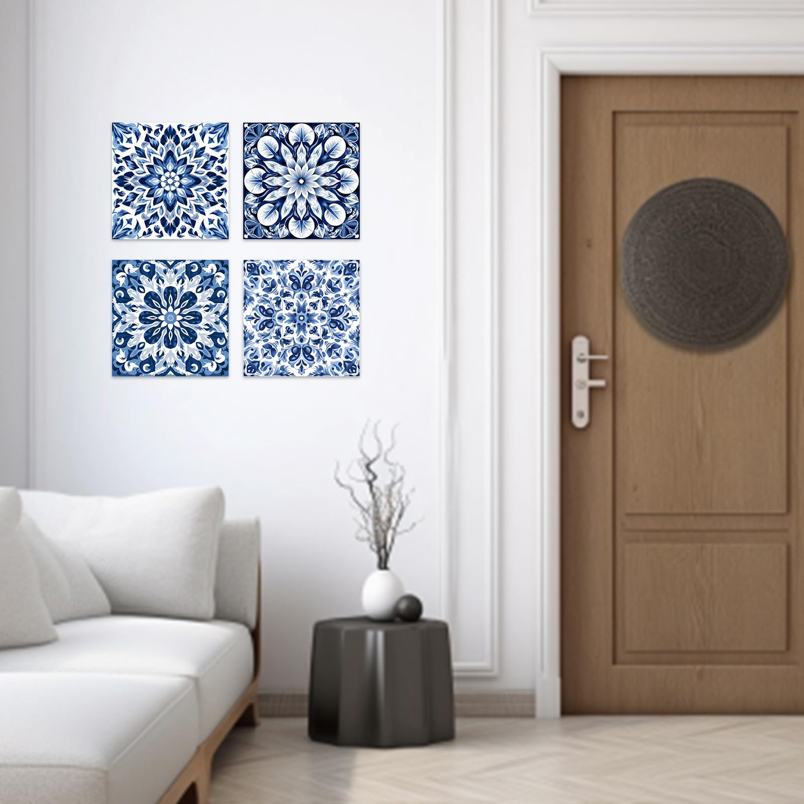ZXHYWYM Leinwandbild-Set Blau Blumen – 4-teilig, Je 45x45 Cm, Boho Mandala