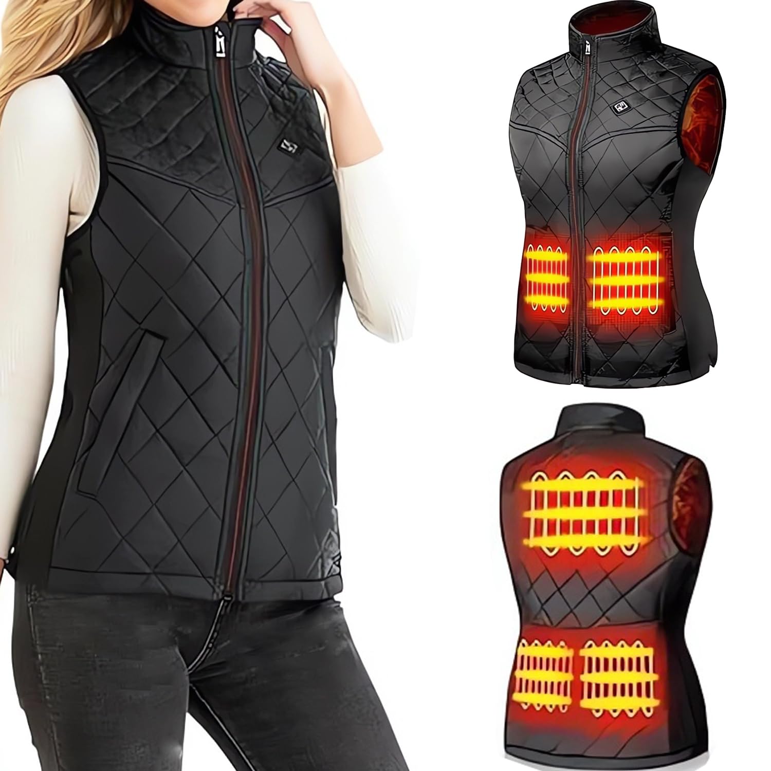 Chaleco Calefactable Hombre Mujer, USB Chaleco Chaquetas Calefactoras con Gran Zonas de Calefacción,3 Niveles de Calor (Pilas no incluidas) (FR/ES, Letras, XL, Regular, Regular, Negro)