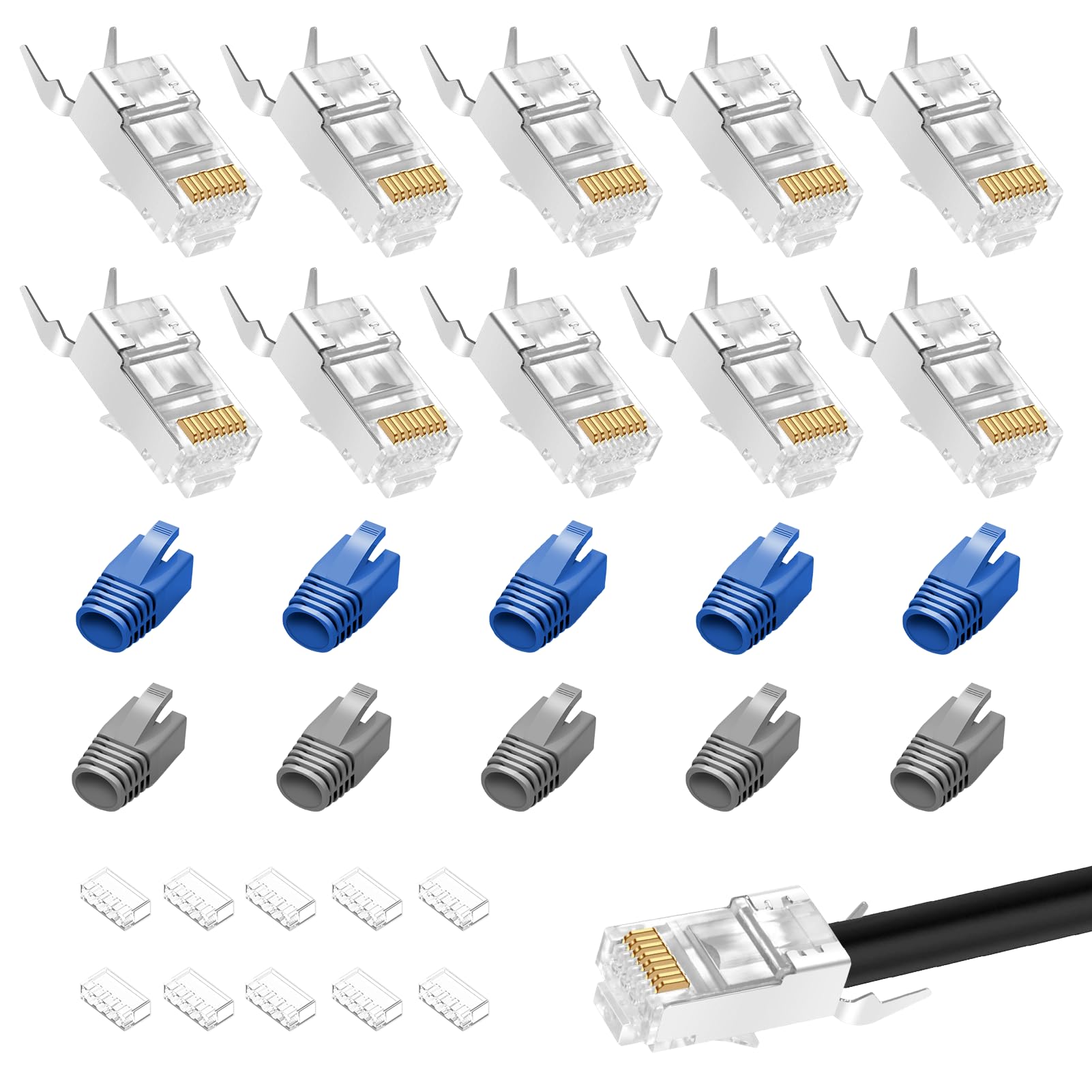 Connecteurs RJ45 Blindés CAT7/CAT6A - VCELINK - Lot De 20 Avec Capuchons - Pass Through - Pour Câble Ethernet