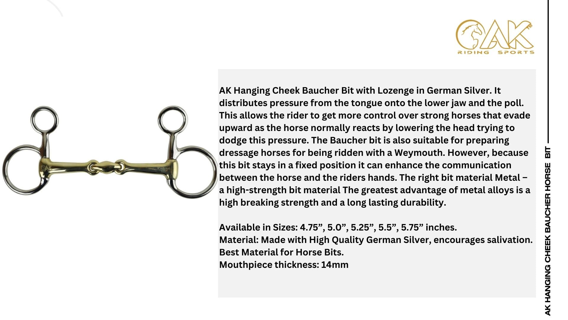 AK Mors d'équitation à joues suspendues Baucher avec losange en argent allemand Horse Bit AKRS-2616 (6.00'', German/Silver)