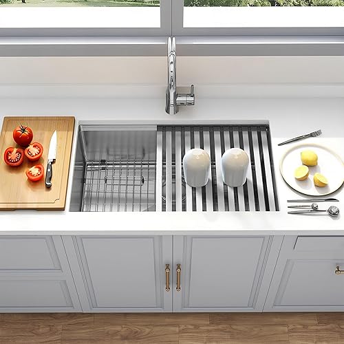 Miniatura 113 de Fregadero de cocina negro de 33 pulgadas, fregadero de acero inoxidable calibre 16, fregadero de estación de trabajo de un solo tazón con reborde