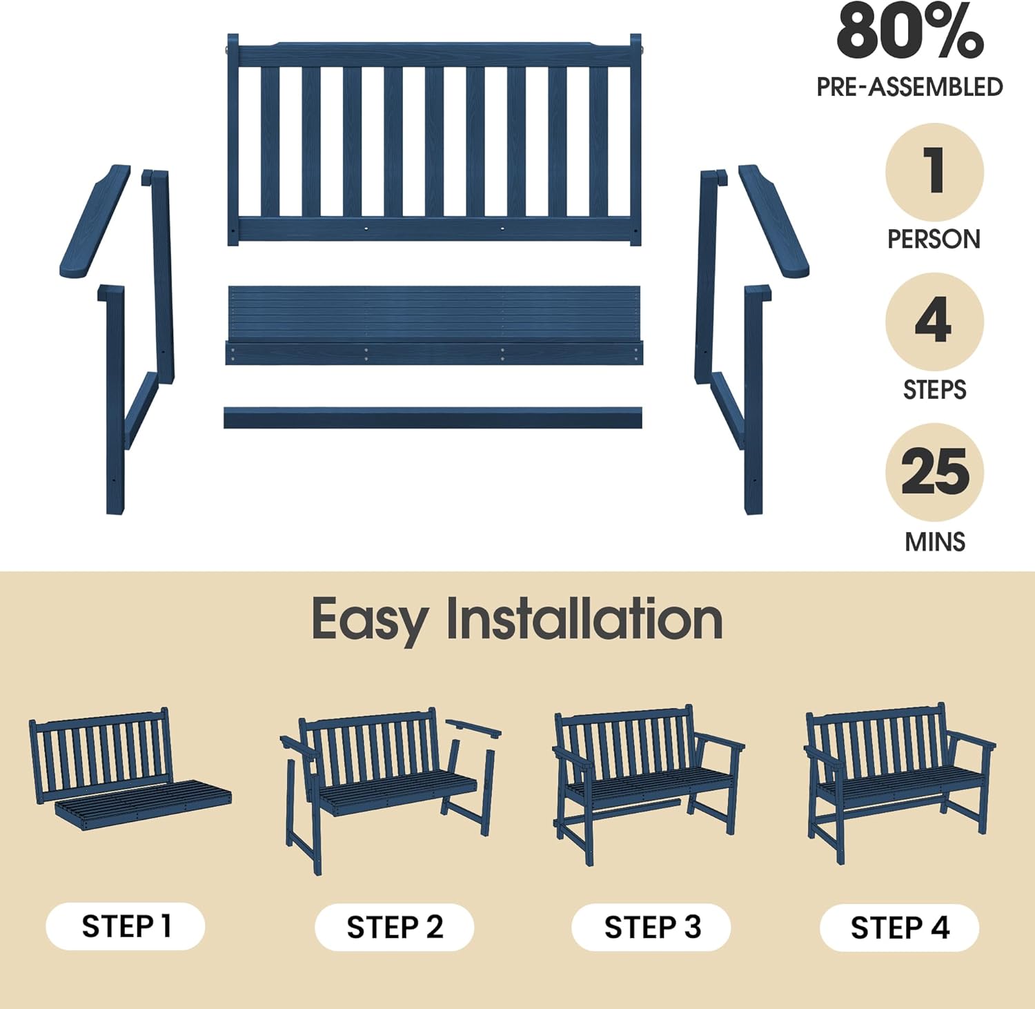 Ciokea 48" Outdoor Bench, HDPE Weatherproof Porch Bench, 2-Person Garden Benches with 550 Lbs, Waterproof Patio Benches for Outside Balcony Deck Backyard, Navy Blue