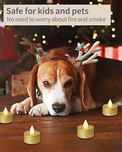 Miniatura 4 de LOGUIDE Velas de té LED que funcionan con pilas, paquete de 24 velas votivas doradas sin llama con luz blanca cálida parpadeante, pequeña vela de té