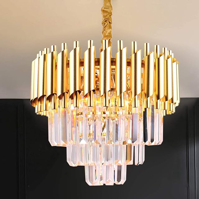 Modern Crystal Pendant Light 3 Tiers Raindrop Crystal Chandelier Round Chandelier Flush Mount Ceiling Lighting Fixture for Living Room Dining Room Lobby Restaurant,5xE14 Lights,Gold