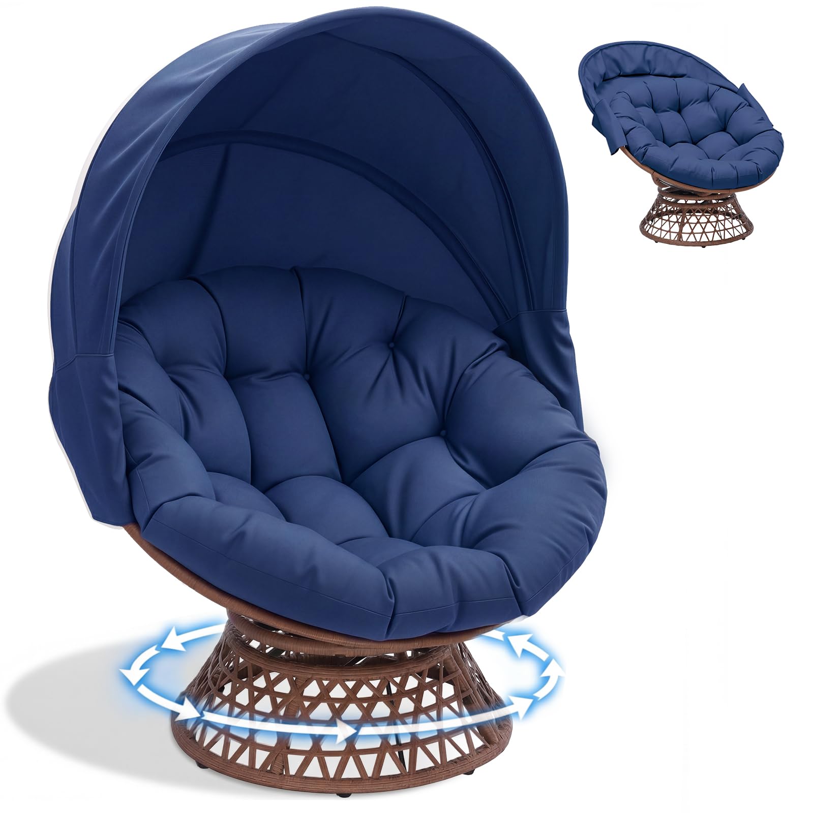 COMHOMA Poltrona da papasan, comoda poltrona girevole con cuscino rotondo, comoda poltrona in rattan, girevole, in vimini, per soggiorno, angolo lettura, lounge – blu