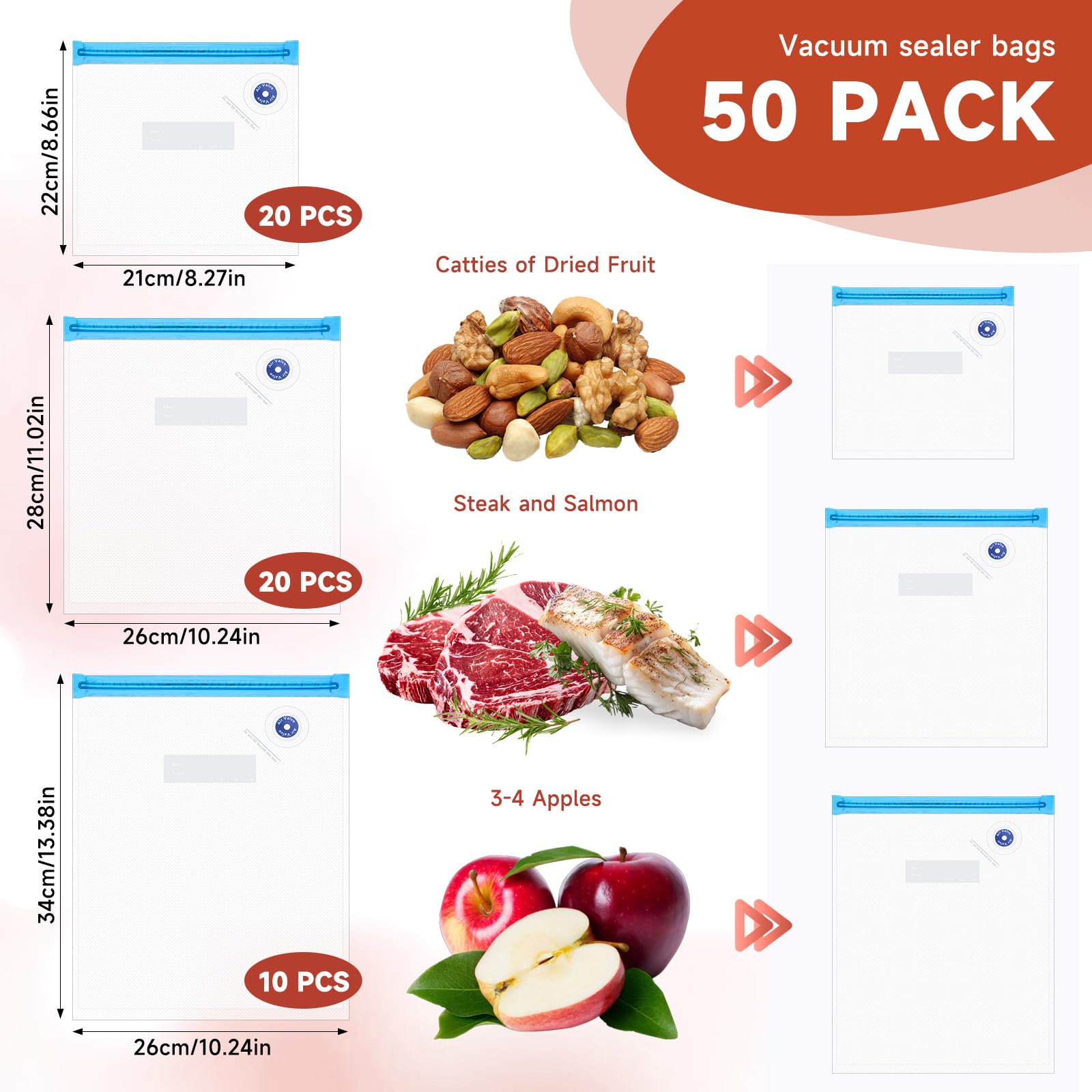 50 Pcs Sous Vide Bags 3 Size Reusable Vacuum Seal Bag for Food and Cooking Zipper Storage Chef Preserve Vacuum Sealer Bags with Air Valve 8.27×8.66inch 10.24×11.02inch 10.24×13.38inch