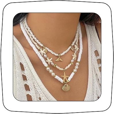 Bohemian Layered Shell Starfish Pearl Pendant Necklace Set Baroque Pearl Surfer Heishi Beaded Choker Summer Beach Jewelry Multilayered Statement Necklaces for omen