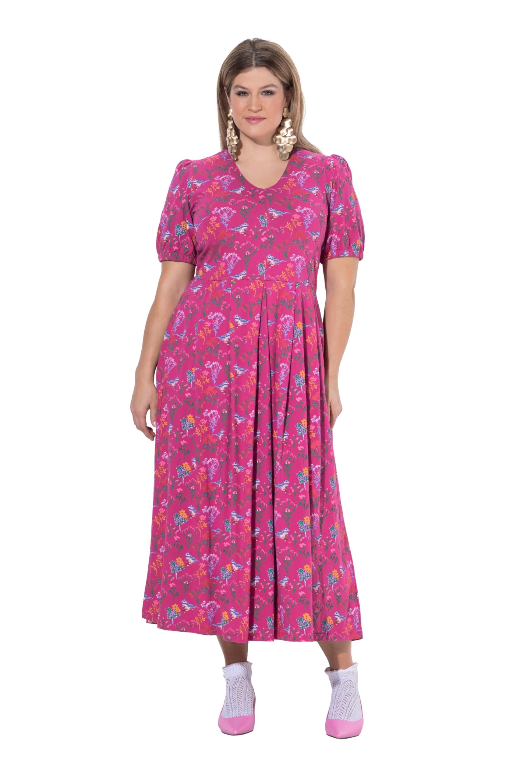 Ulla Popken Damen große Größen Übergrößen Plus Size Maxikleid, Prinzessnähte, V-Ausschnitt, Halbarm 847409