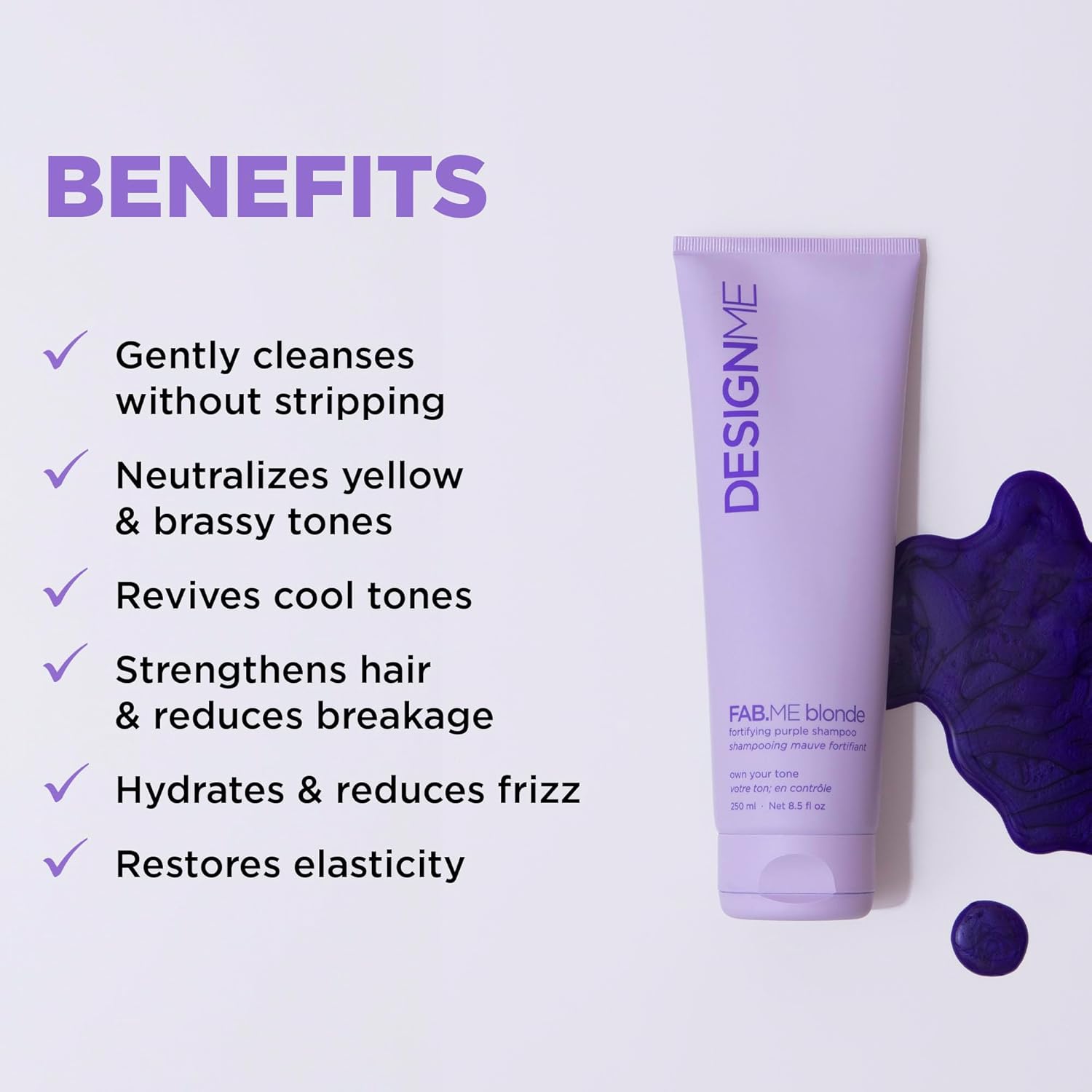 Design.Me FAB.ME Blonde Fortifying Purple Shampoo | Toning Purple Shampoo for Blonde Hair - Neutralizes Brass and Yellow Tones | Enriched with Hyaluronic Acid | Color Depositing Formula - Image 2