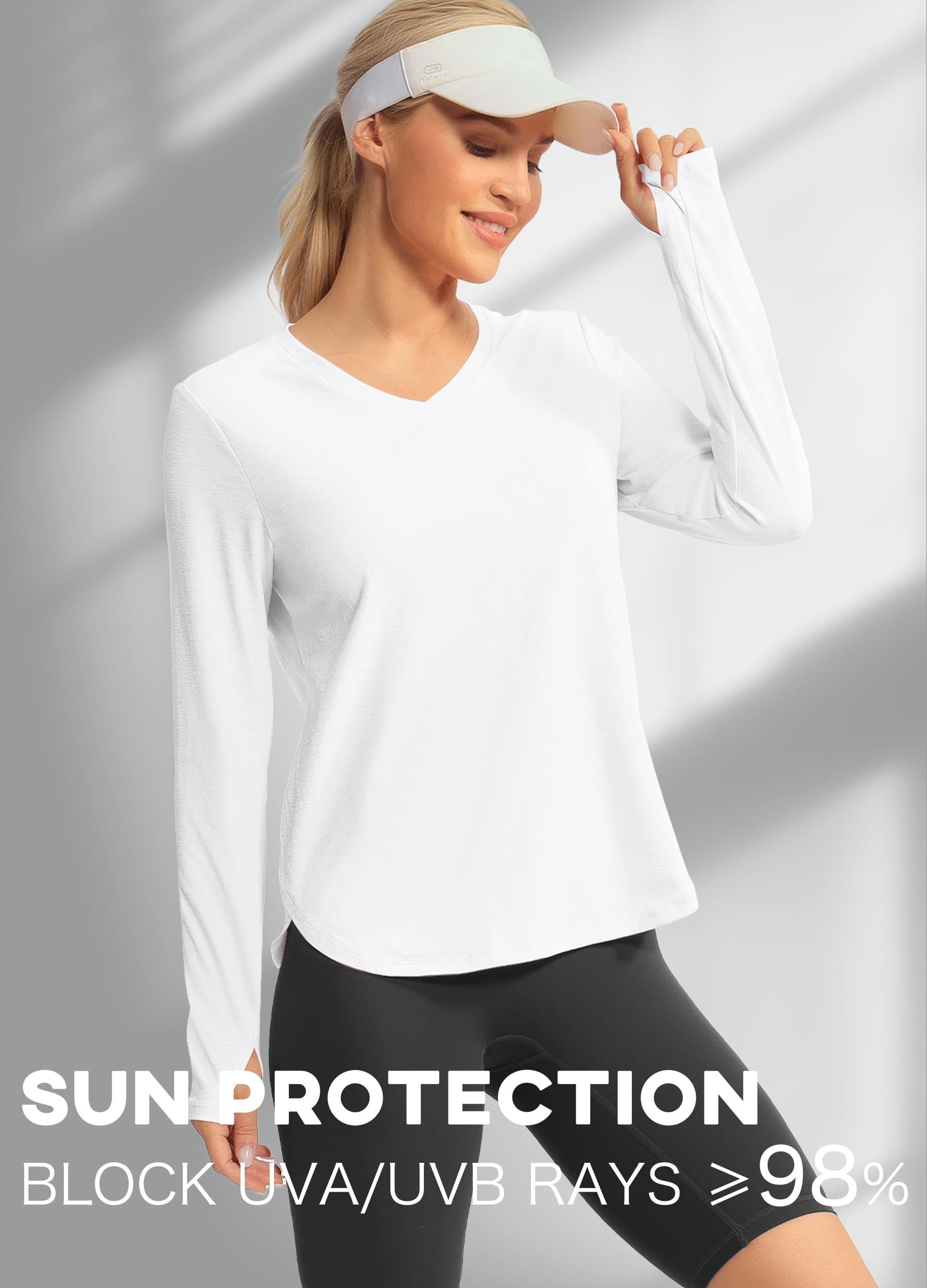Hiverlay Long Sleeve Workout Shirts for Women V Neck UPF 50+ Athletic Shirts with Thumbhole Running Loose Active T-Shirts White s