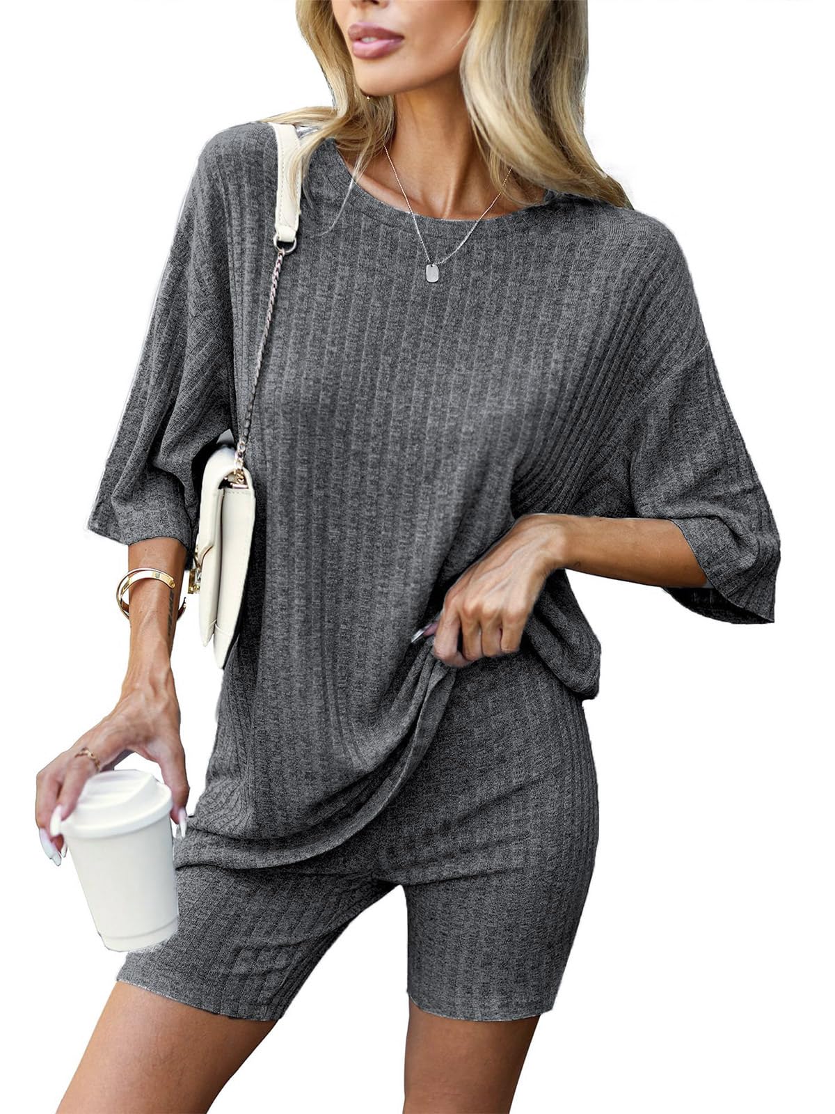Zetieny Chándales de Mujer Conjunto de 2 Piezas Conjunto de Manga Corta y Pantalón Corto Pijama Casual Solid Verano