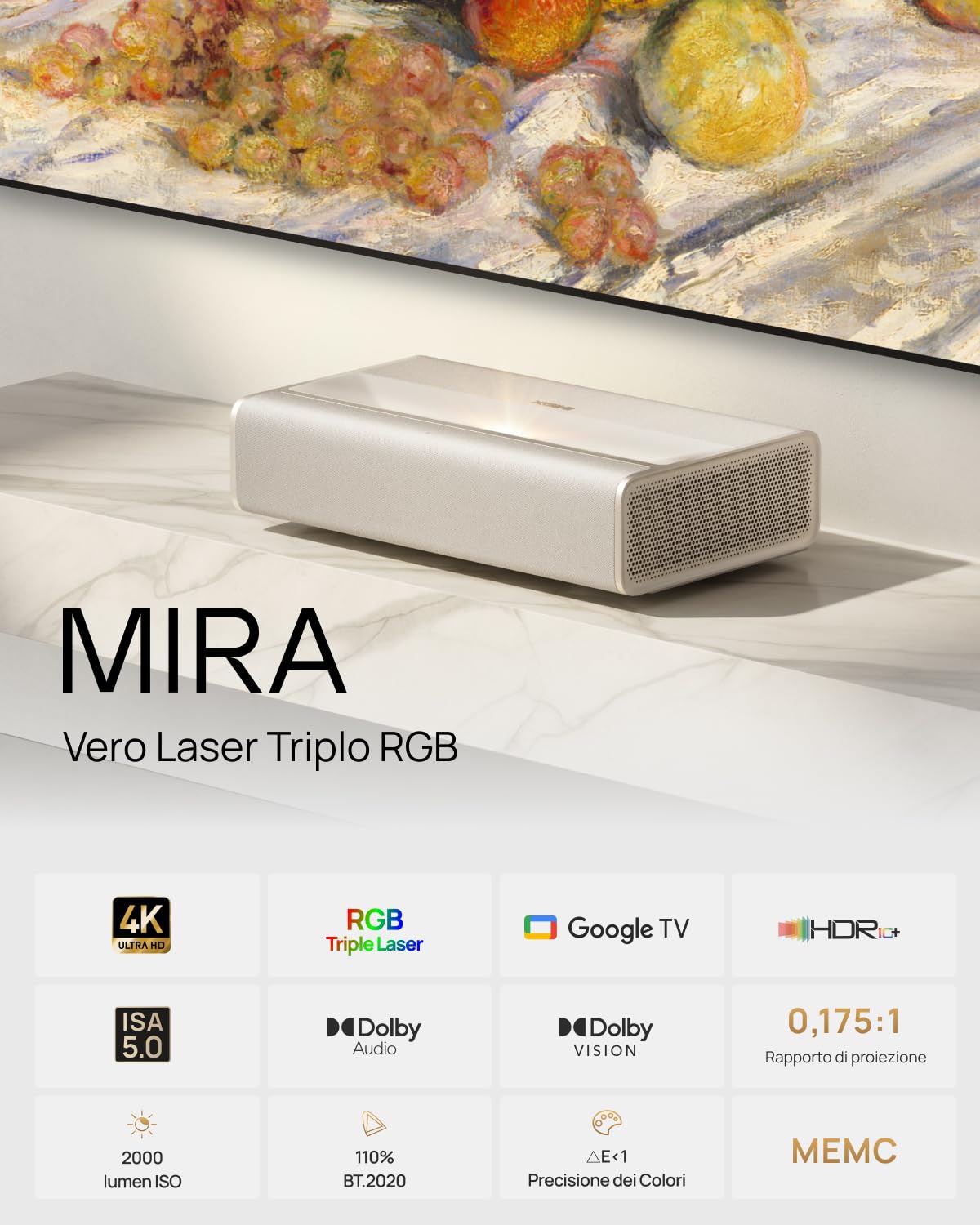 XGIMI MIRA Proiettore Laser Triplo 4K UST, 2000 Lumen ISO | Contrasto dinamico 20.000:1, ISA 5.0 per UST, Google TV, Dolby Vision, Audio Harman Kardon, Home Theater