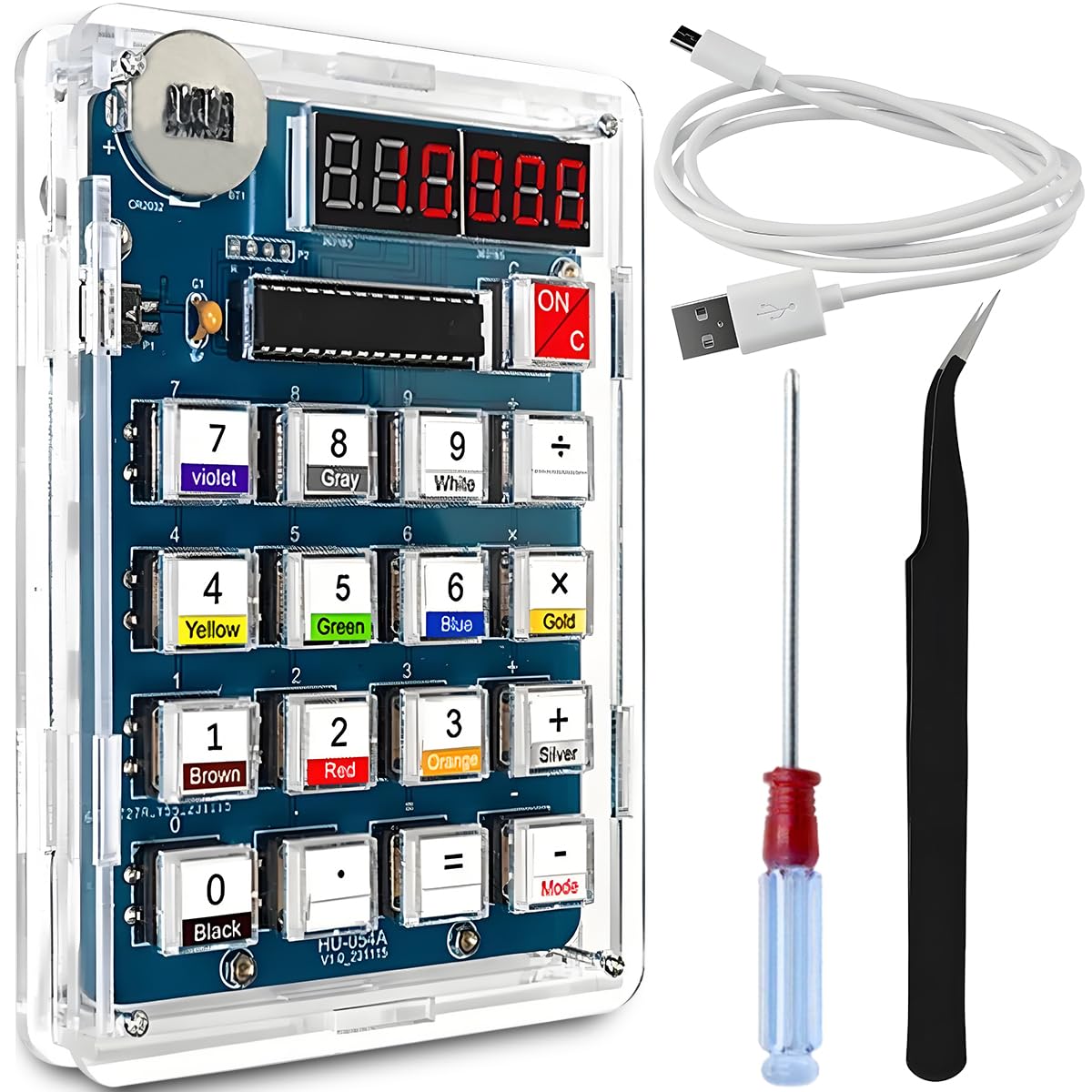 Zestaw do ćwiczeń lutowniczych DIY, 6-cyfrowy kalkulator DIY, zasilany przez USB/baterię, z czytnikiem oporu, gry matematyczne, przezroczysty kalkulator do szkoły i biura, z kablem USB i