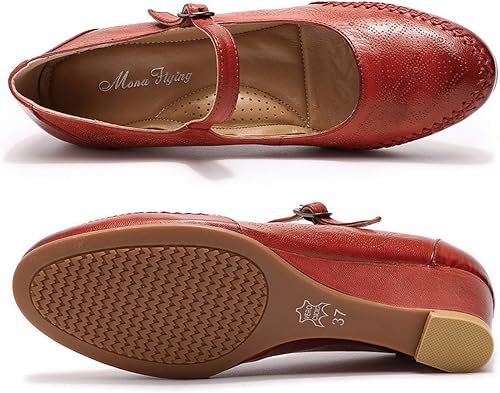 Miniatura 4 de Mona flying Women's Leather Wedges Mid Heel Round Toe Classic Office Shoes for Women Walking Dress Pumps
