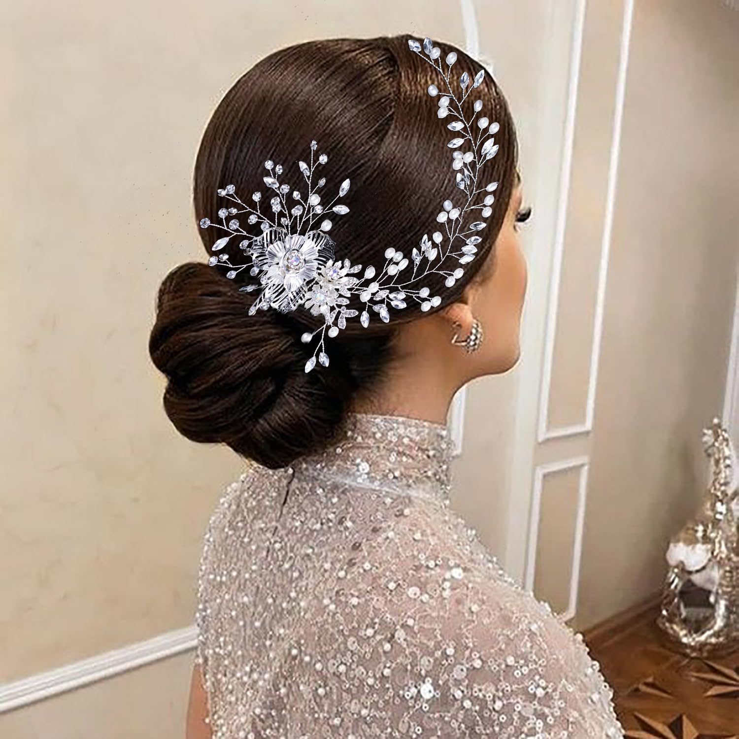 Braut-Haarkamm, Hochzeitshaarteile für Bräute, Perlen-Blumenranke, Braut-Kopfschmuck, Kristall-Haarschmuck für Brautjungfer, Silber, 1
