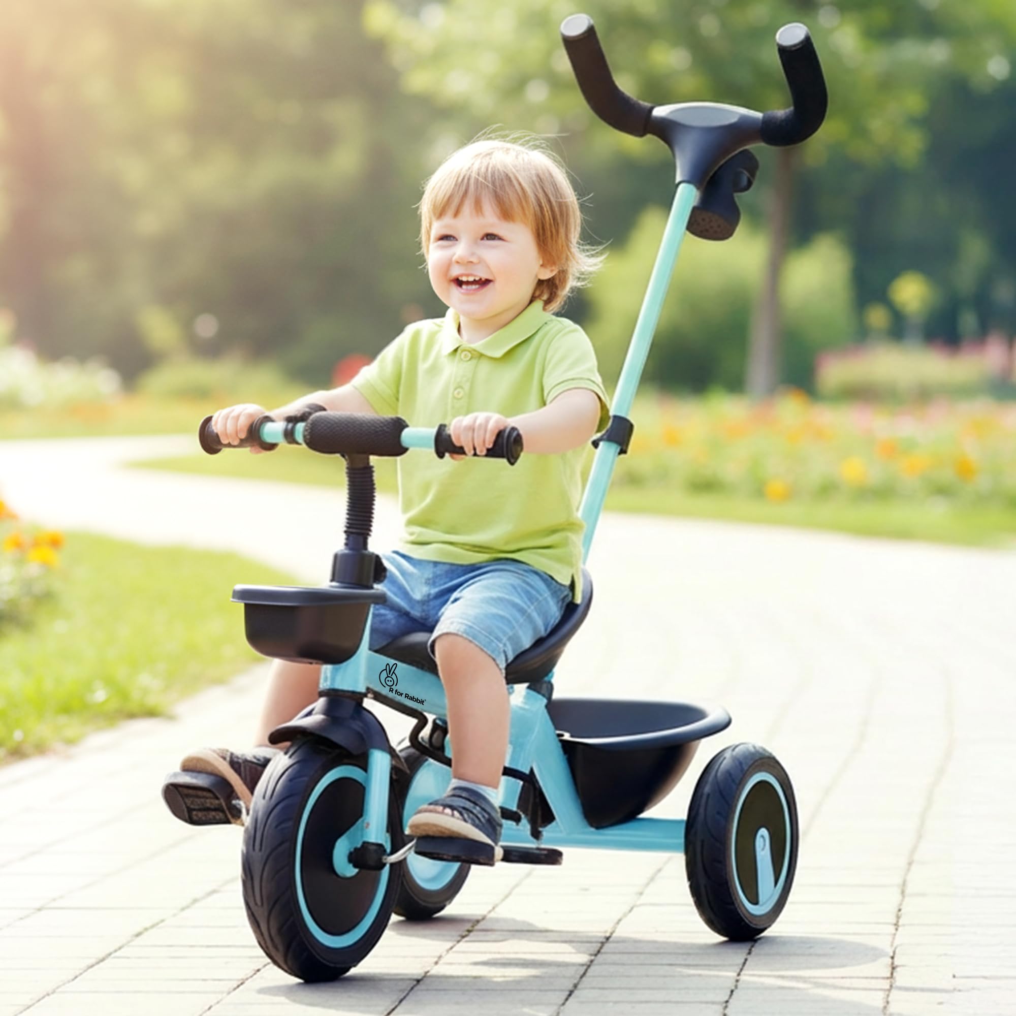 R for Rabbit Tiny Toes R20 Plus Tricycle for Kids with Rubber Wheels, Adjustable Parental Control, Front & Rear Storage Basket | Baby Trike Cycle for 2 to 5 Year, Upto 25 Kgs Boy & Girl (Sky Blue)-image-8