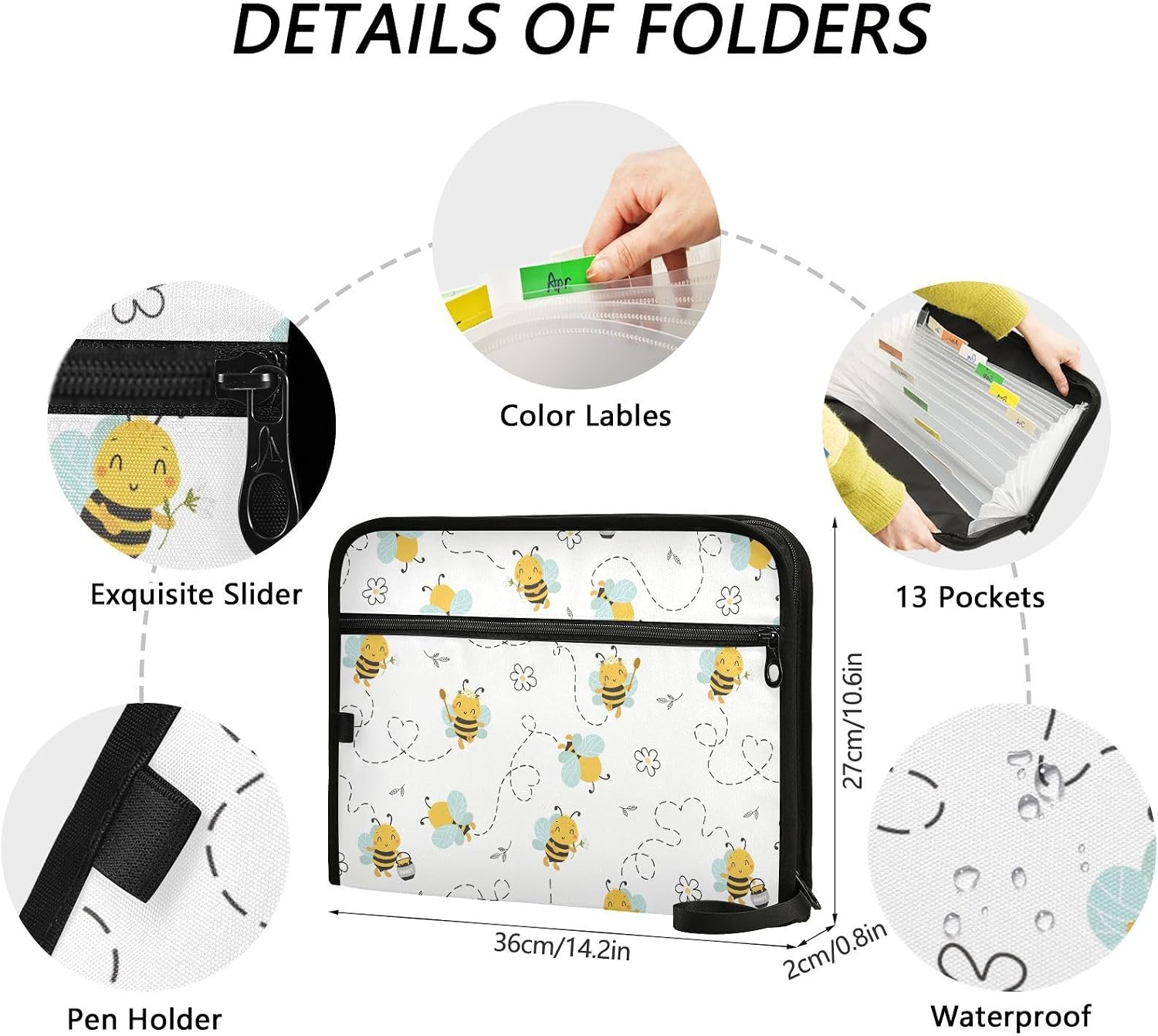Cute Bee Doodle Flower File Folders,Plastic Folders with 13 Pockets,Expandable File Folder for Documents School Students Office,Aesthetic Folder with Labels A4 Letter Size
