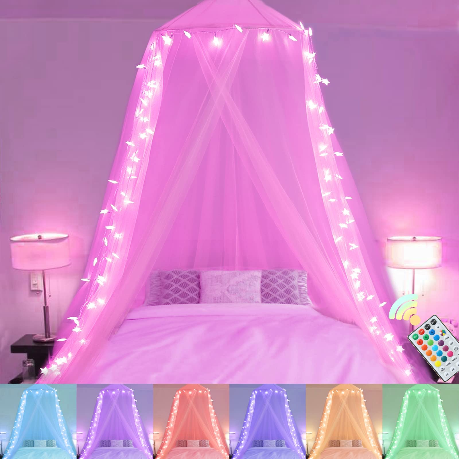 Pooqla Valentines Pink Bed Canopy with Lights, Bed Curtain Canopy for Girls with 100LED Color