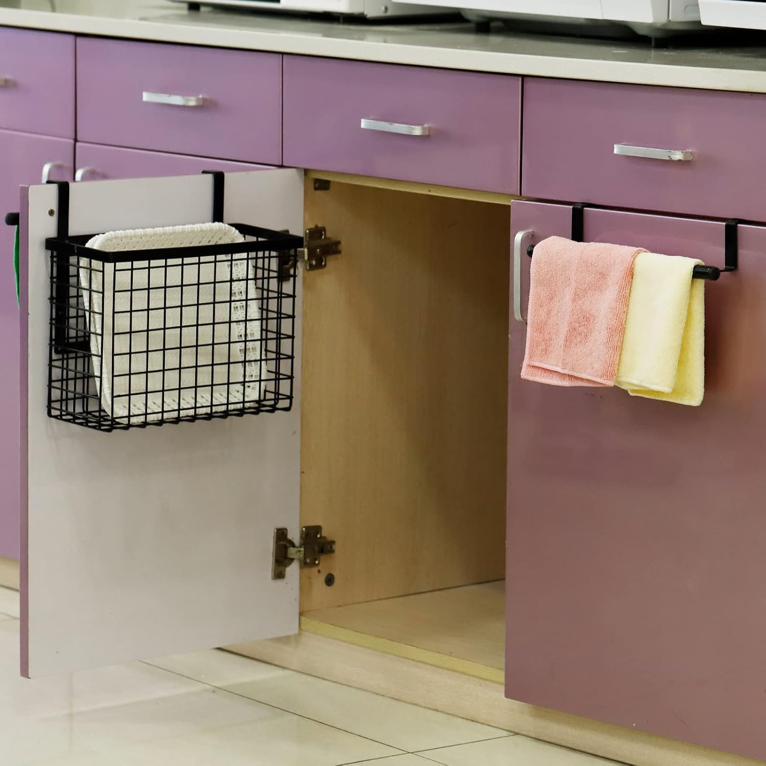 Uxcell 2 Pack Cabinet Door Organizer with Towel Bar, Metal Wire Baskets with Hooks, Over Cabinet Door Organizer for Kitchen, Pantry, Bathroom Storage, Black