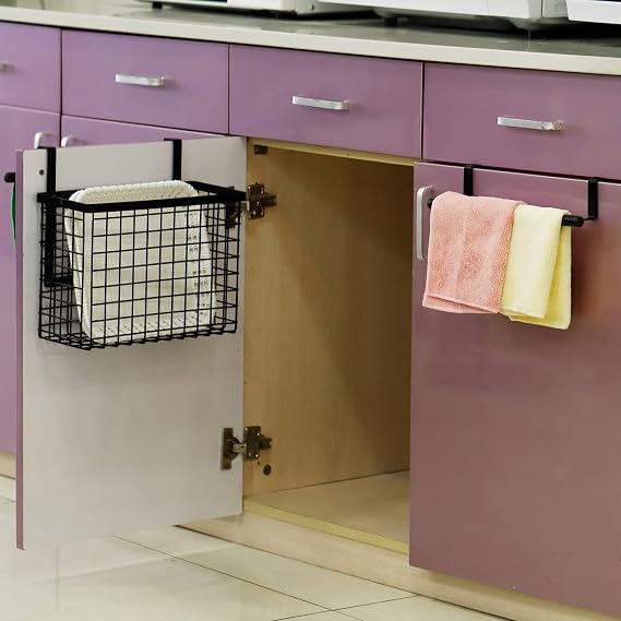Uxcell 2 Pack Cabinet Door Organizer with Towel Bar, Metal Wire Baskets with Hooks, Over Cabinet Door Organizer for Kitchen, Pantry, Bathroom Storage, Black