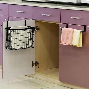 Uxcell 2 Pack Cabinet Door Organizer with Towel Bar, Metal Wire Baskets with Hooks, Over Cabinet Door Organizer for Kitchen, Pantry, Bathroom Storage, Black