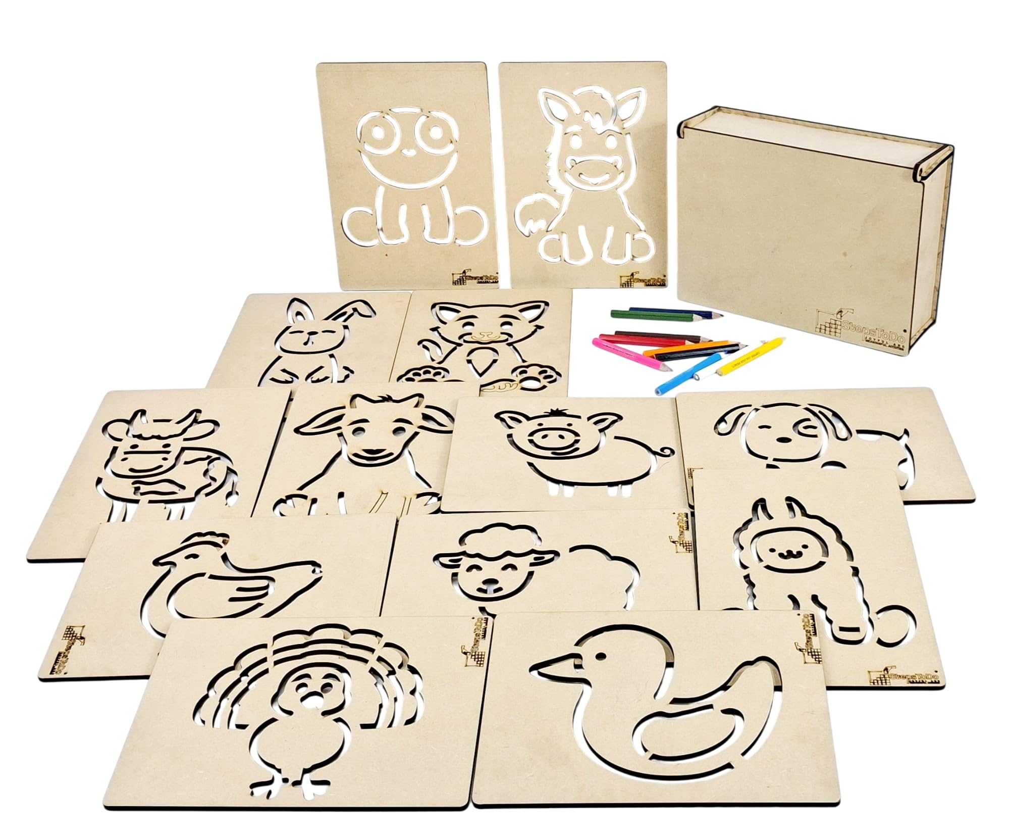 StepsToDo Farm Animal Stencils for Kids - Large 15x21cm Wooden Stencil Set | Montessori & Homeschooling Teaching Aid | Premium Unfinished Wood with Wooden Storage Box-image-42