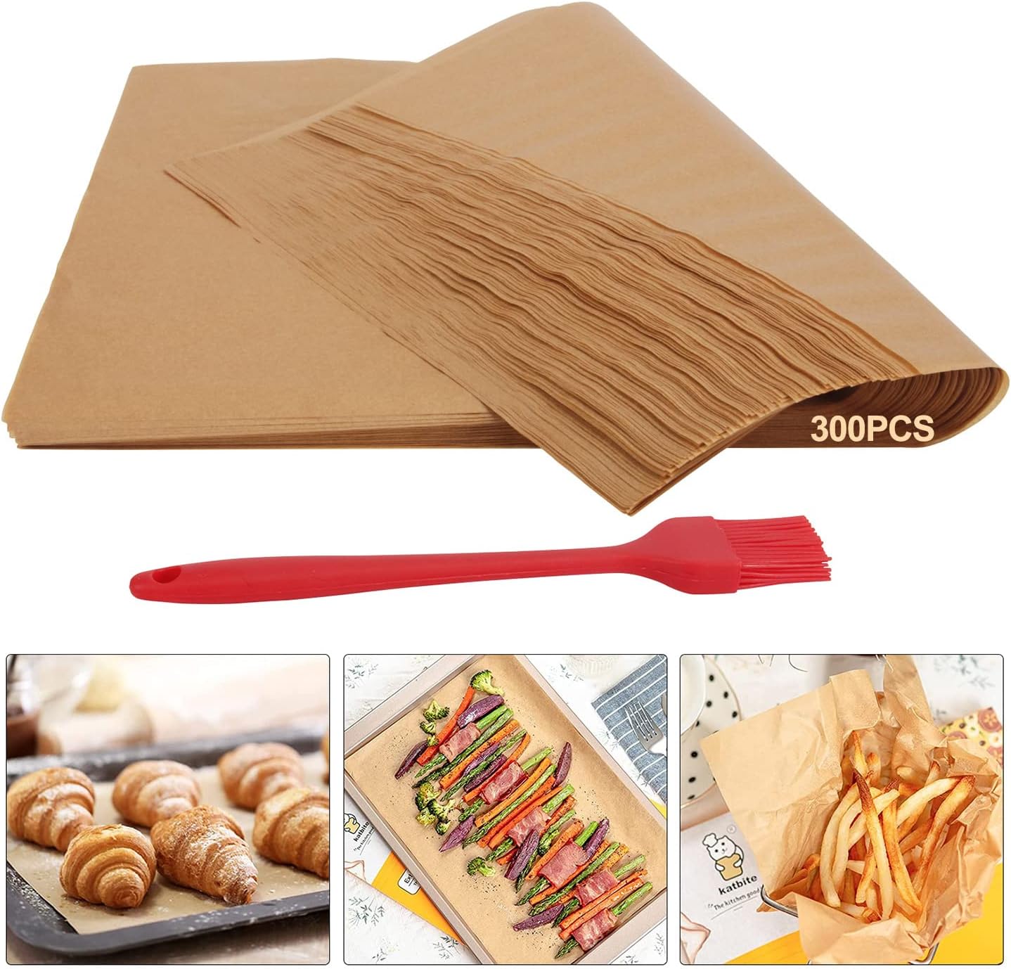 Parchment Paper, 300 PCS Parchment Paper Sheet 9×13 Inch, YULEER Unbleached Parchment Paper with a Silicone Brush, Suitable for Baking, Cooking, Steaming, Air Fryer, Grilling, Roasting, Cookies : Arts, Crafts & Sewing