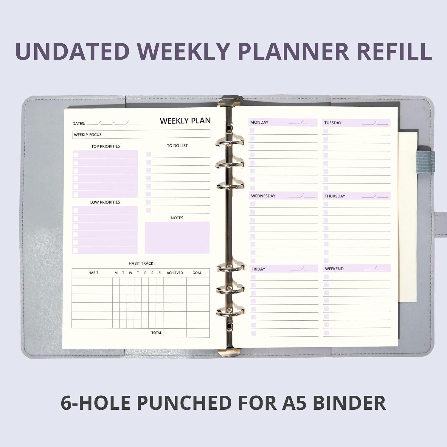A5 Weekly Planner Inserts, 100 GSM Thick Paper, 6 Hole Punch, Undated Weekly Planner Refill, Habit Tracker & To-Do List image 5