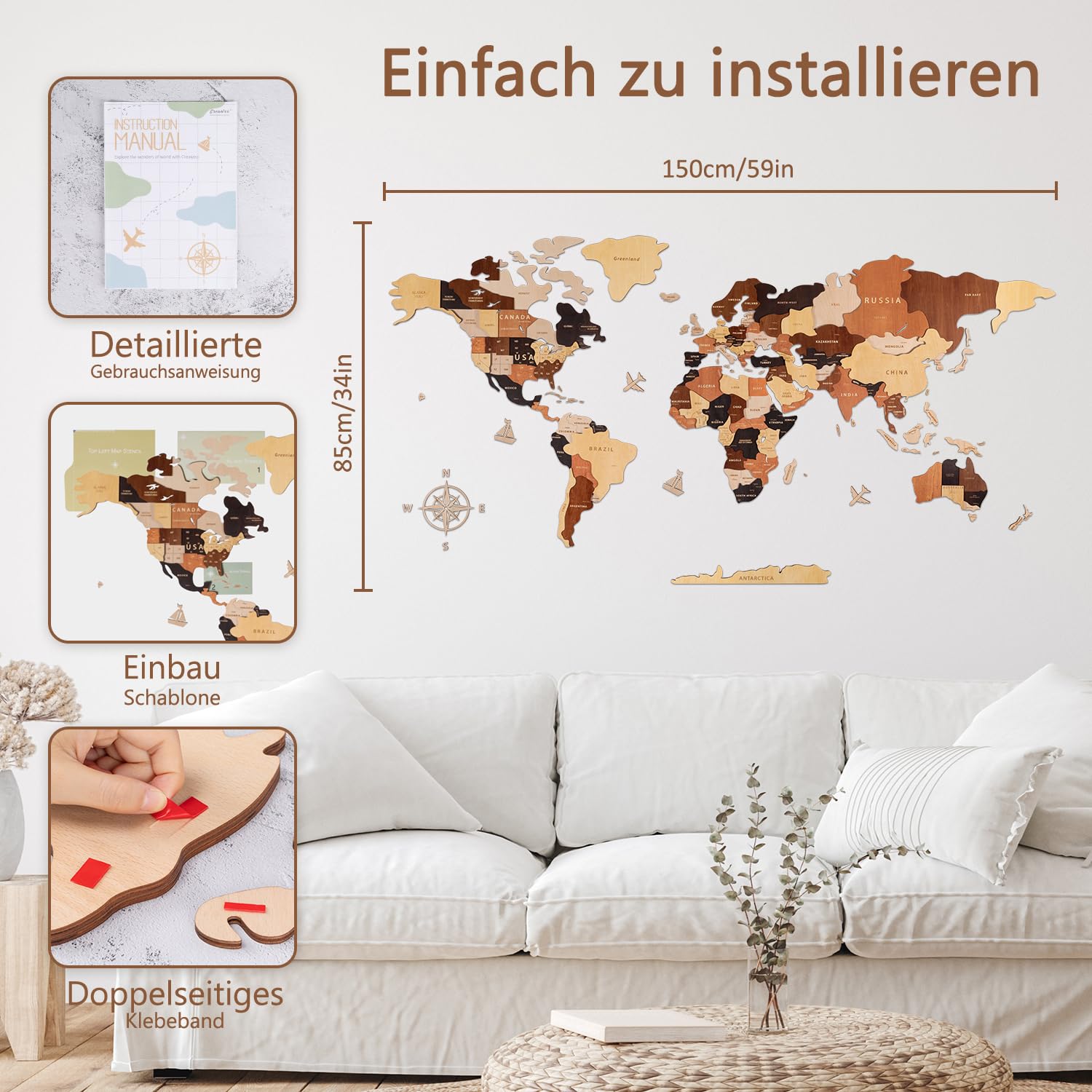 Creawoo 3D Weltkarte Wand Holz Weltkarte Wanddekoration, Wanddeko Wandkunst für Haus, Büro, Schlafzimmer, Holzkarte der Welt, Reisekarte für Wand, Eine Geschenkidee-150x85cm