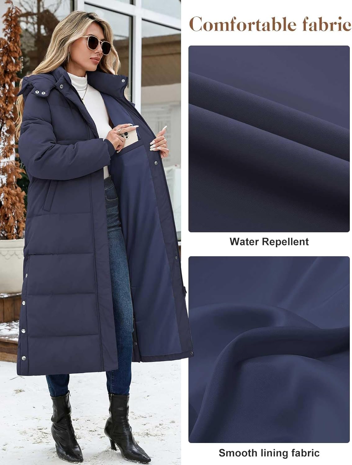 Women Long Puffer Coat Maxi Thickened Quilted Padded Jacket Winter Warm Zip Parka Removable Hood Buttoned Slit Hem - Image 5