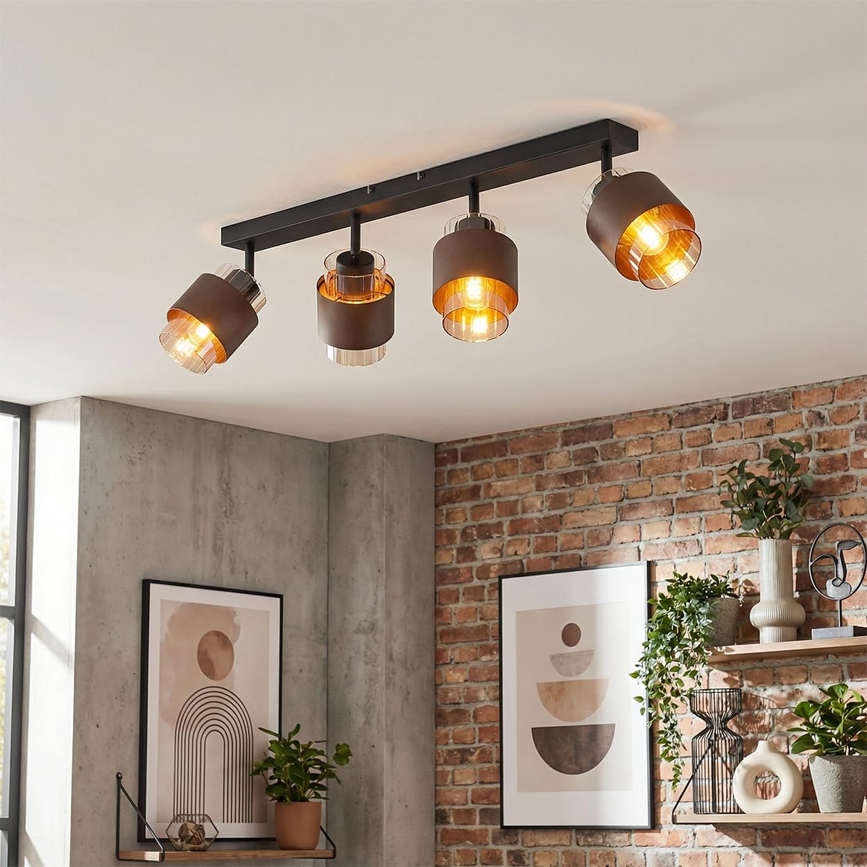 HOFSTEIN Lampada da soffitto Traak, 2 luci in metallo/vetro scanalato in nero/bronzo/ambra, lampada regolabile con interruttore sulla cassa, 2 x E27, sala da pranzo, cucina, soggiorno, camera da letto