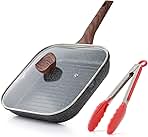 Nonstick Grilling Pan with Lid for Stove Tops, 11 Inch Square Grill Pan for Indoor Cooking, Granite Coating Grill Skillet with Pour Spouts, Versatile Griddle, Induction Steak Pan, PFOA Free