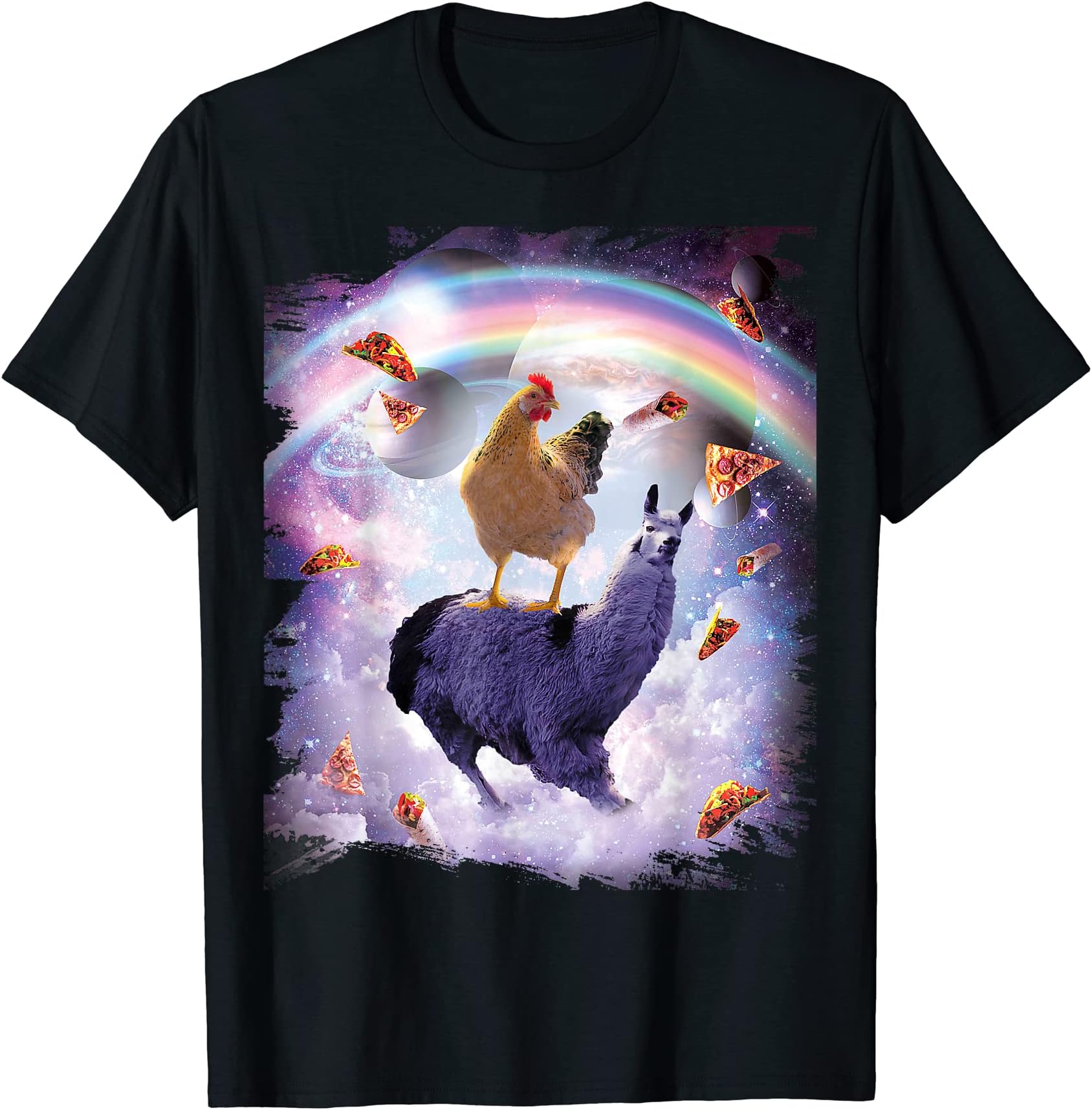 Chicken Riding Llama in Space - Rainbow T-Shirt