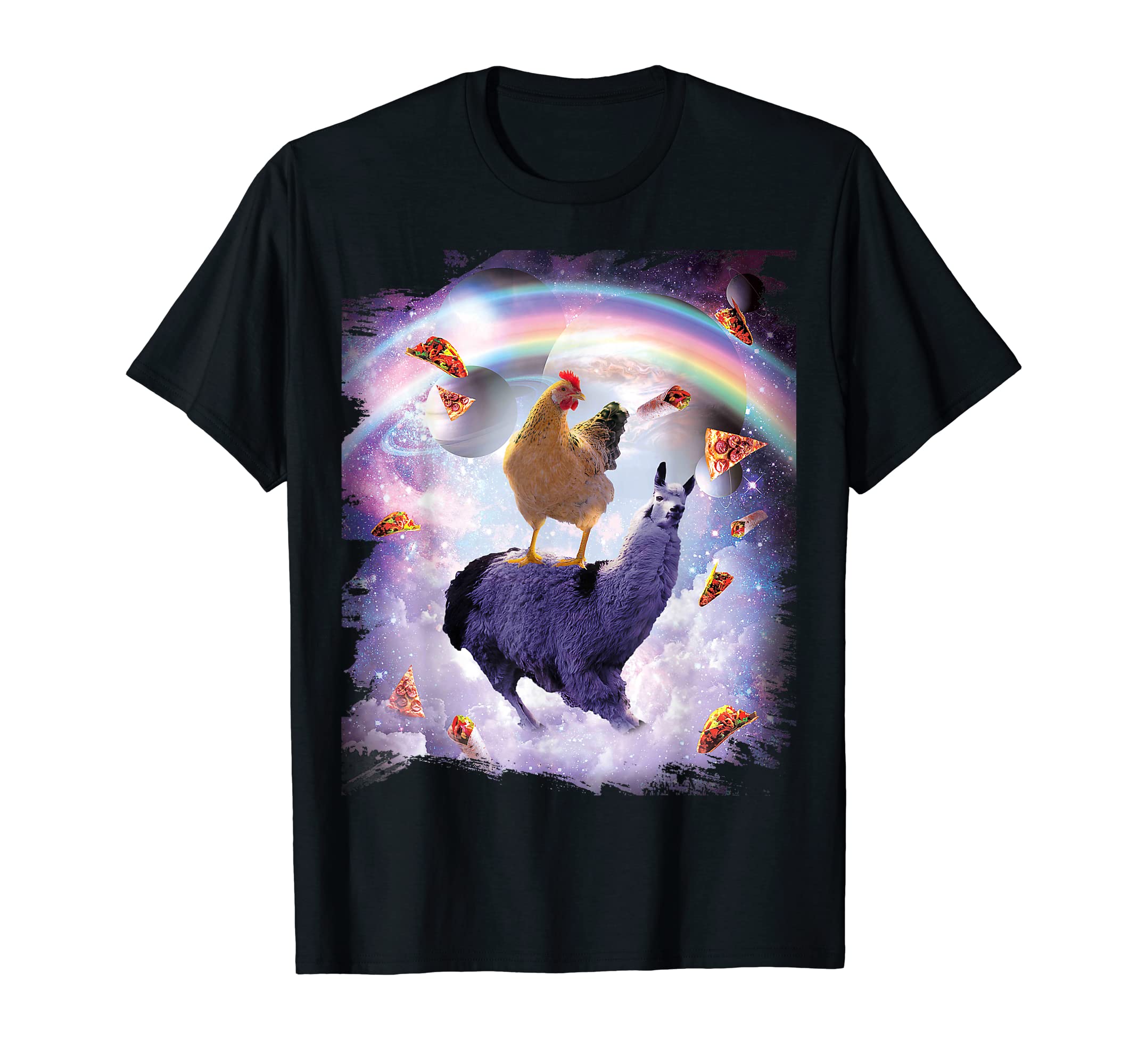 Chicken Riding Llama in Space - Rainbow T-Shirt