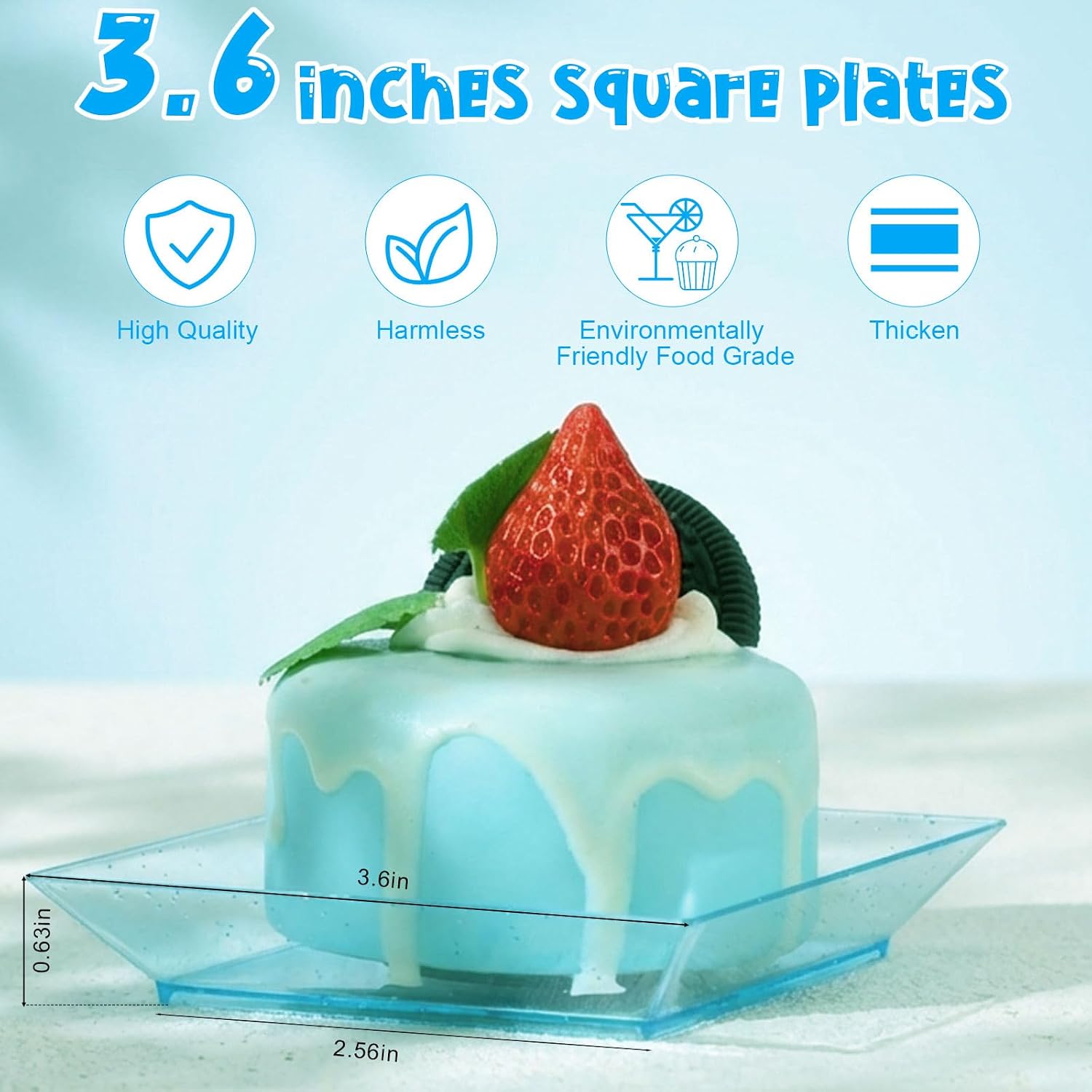 Zhehao 100 Pcs Plastic Dessert Appetizer Plates Disposable, 3.6 x 3.6 Inch Small Square Plastic Dessert Cake Snack Plate for Wedding Birthday Bridal Baby Shower All Occasion Party (Blue Clear)