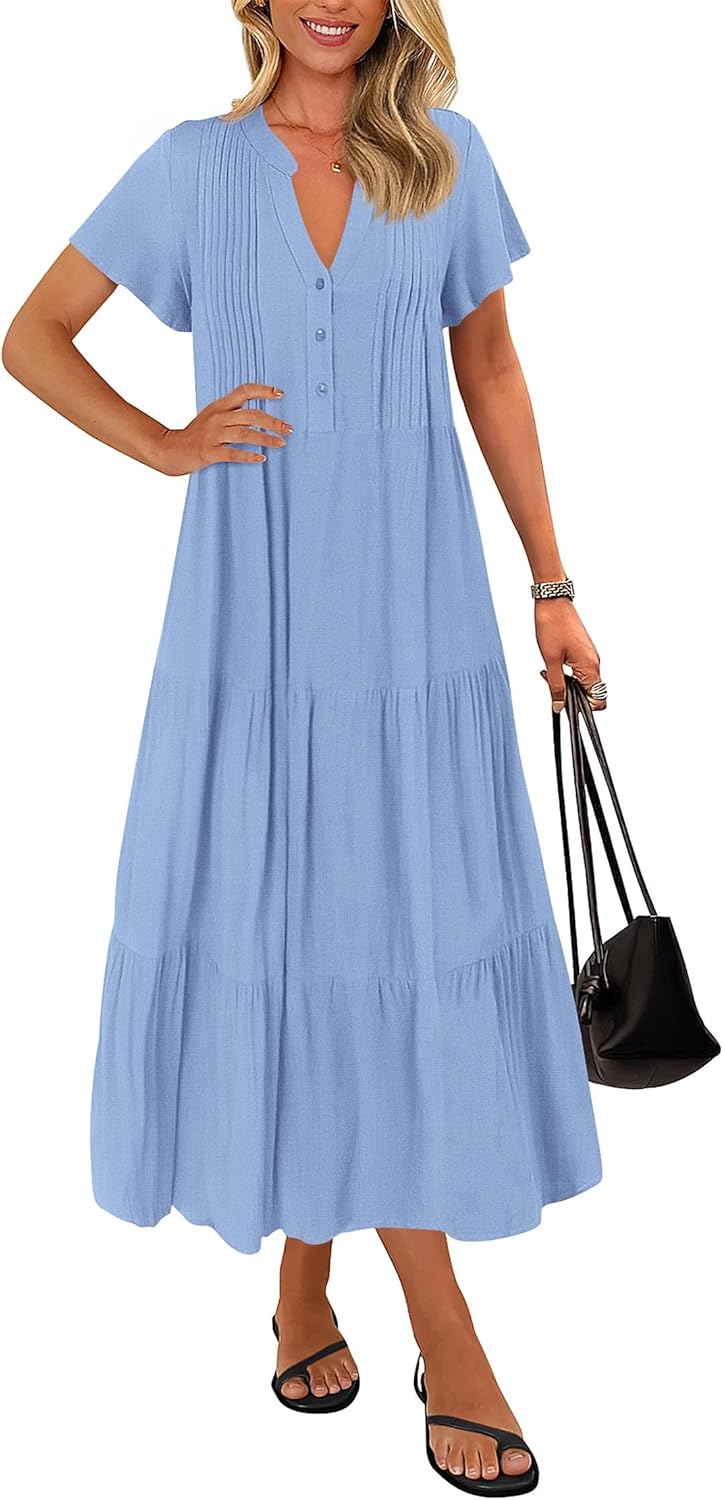 KIRUNDO Summer Maxi Dresses for Women 2025 Spring Fashion Short Sleeve Button V Neck Pleated Loose Tiered Swing Flowy Dress