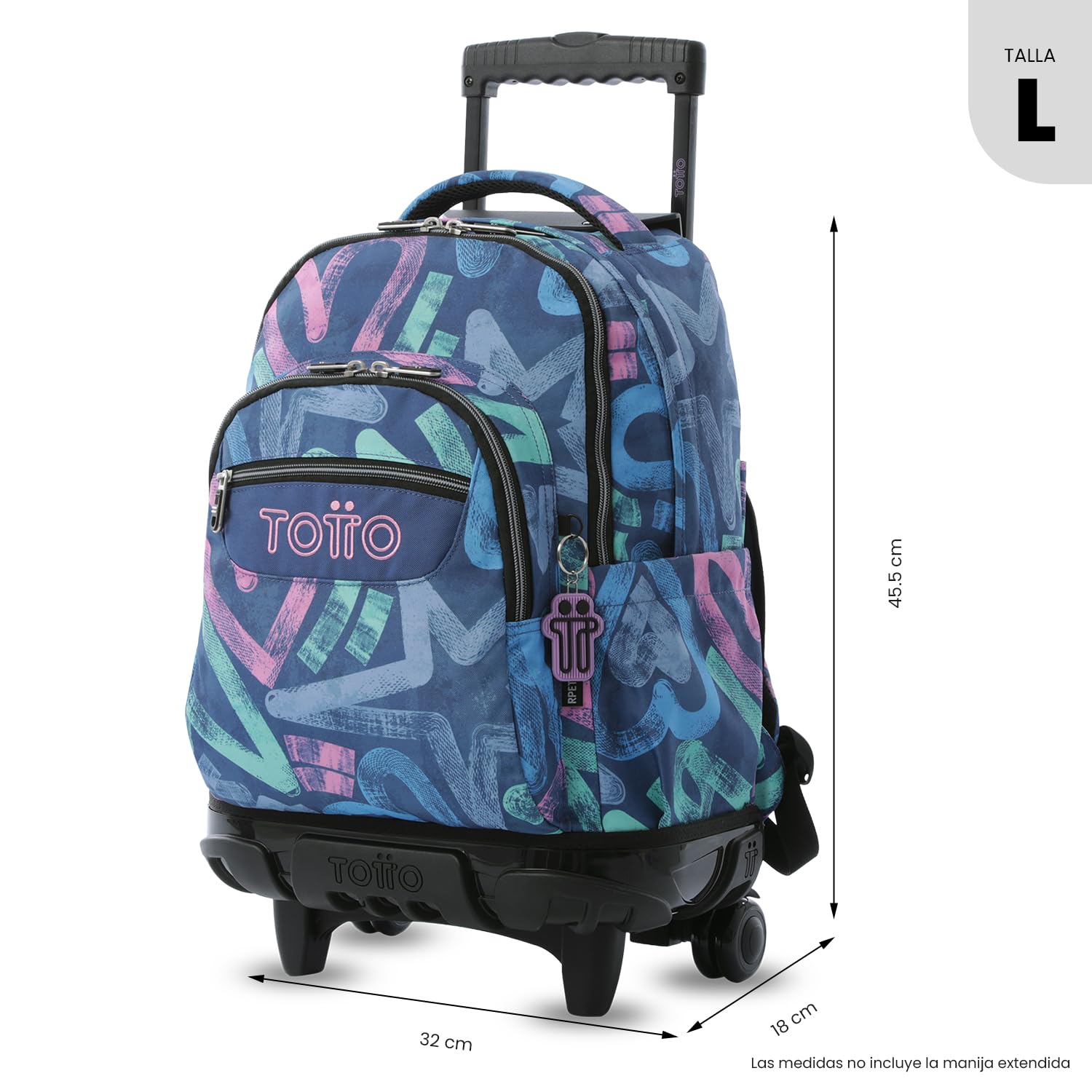 TOTTO - Mochila Escolar con Ruedas, Modelo Renglones, Capacidad 26,21 Litros, Bolsillo para PC 14", Bolsillo Botella, Correas en S para Mayor Comodidad, Resistente, Estampado Roomin Azul