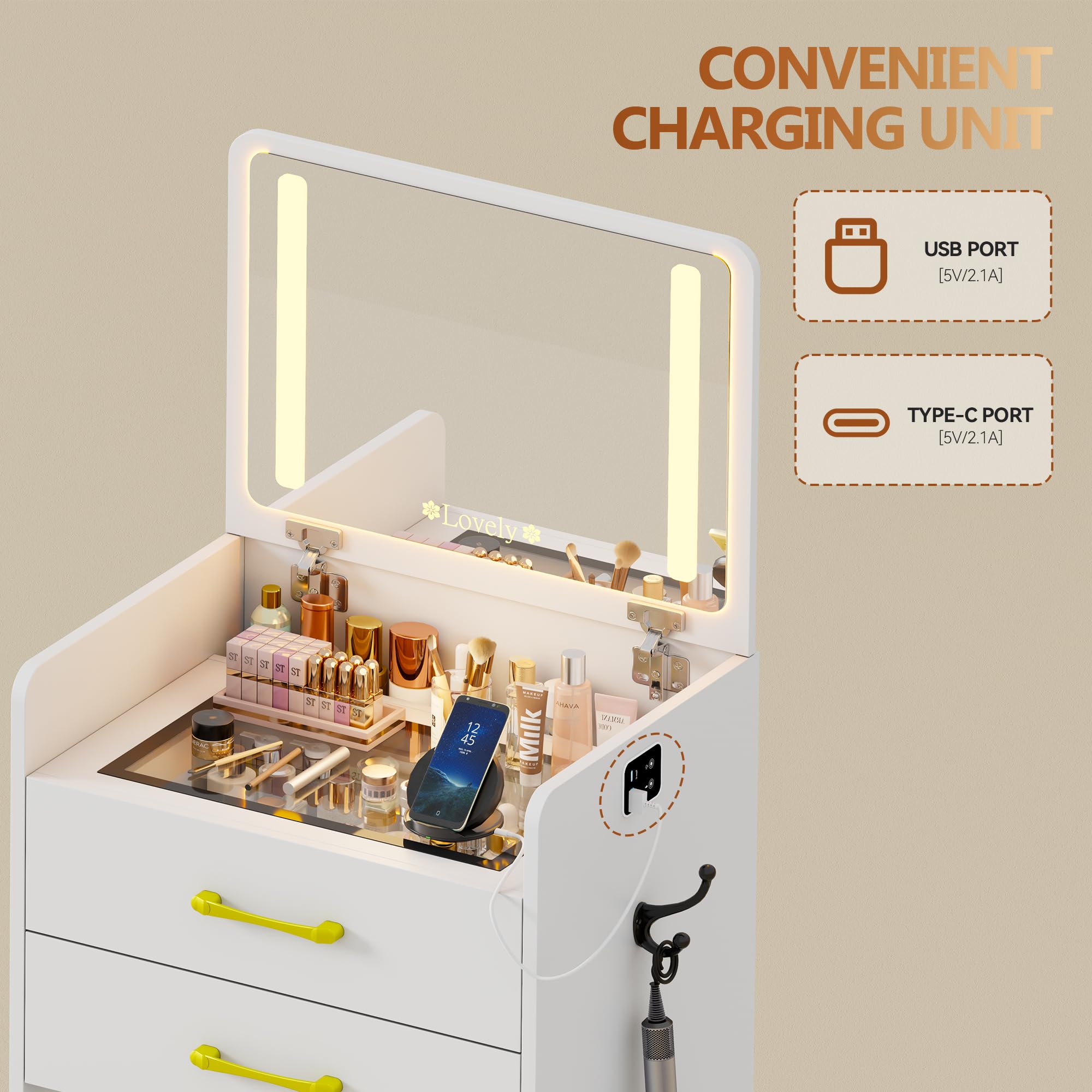 MDGC 3 in 1 Vanity Desk with Flip up Mirror and Lights, Glass Top Makeup Vanity Table with Charging Station,LED Compact Dressing Table with 3 Drawer and Wheel Storage Stool for Bedroom(White)